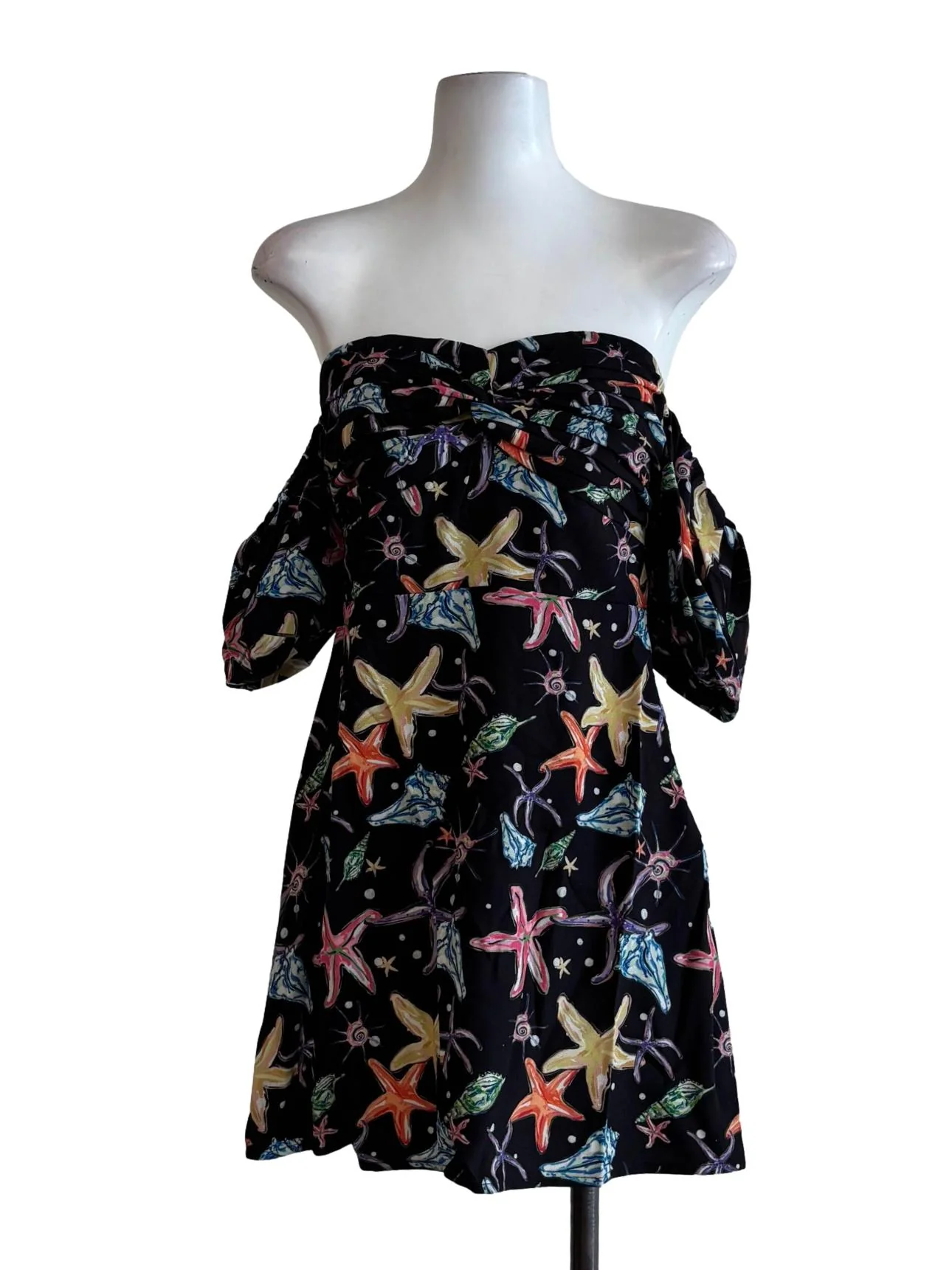 Onyx Black Starfish Print Off Shoulder Dress