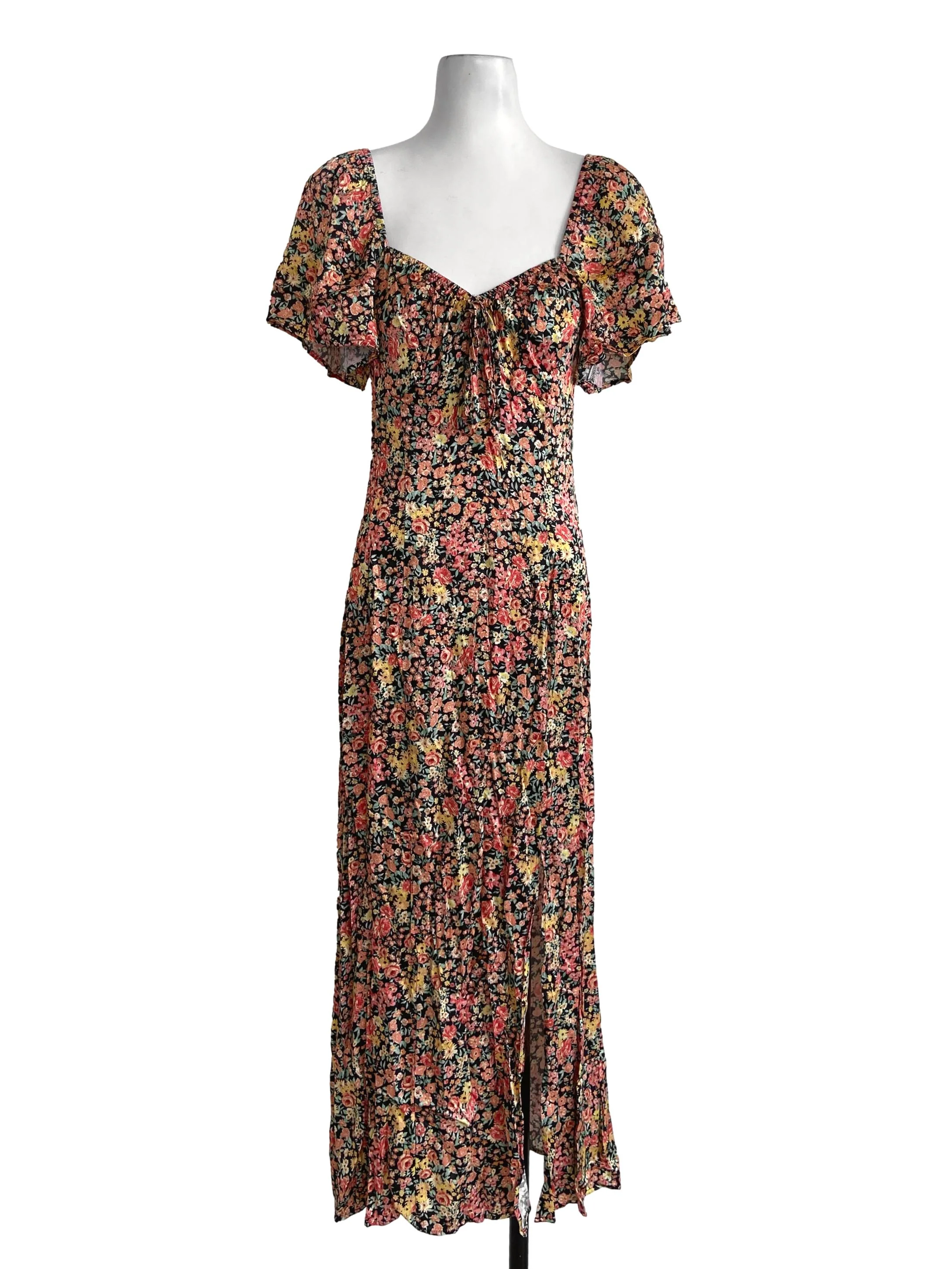 Orange & Yellow Floral Slit Empire Dress