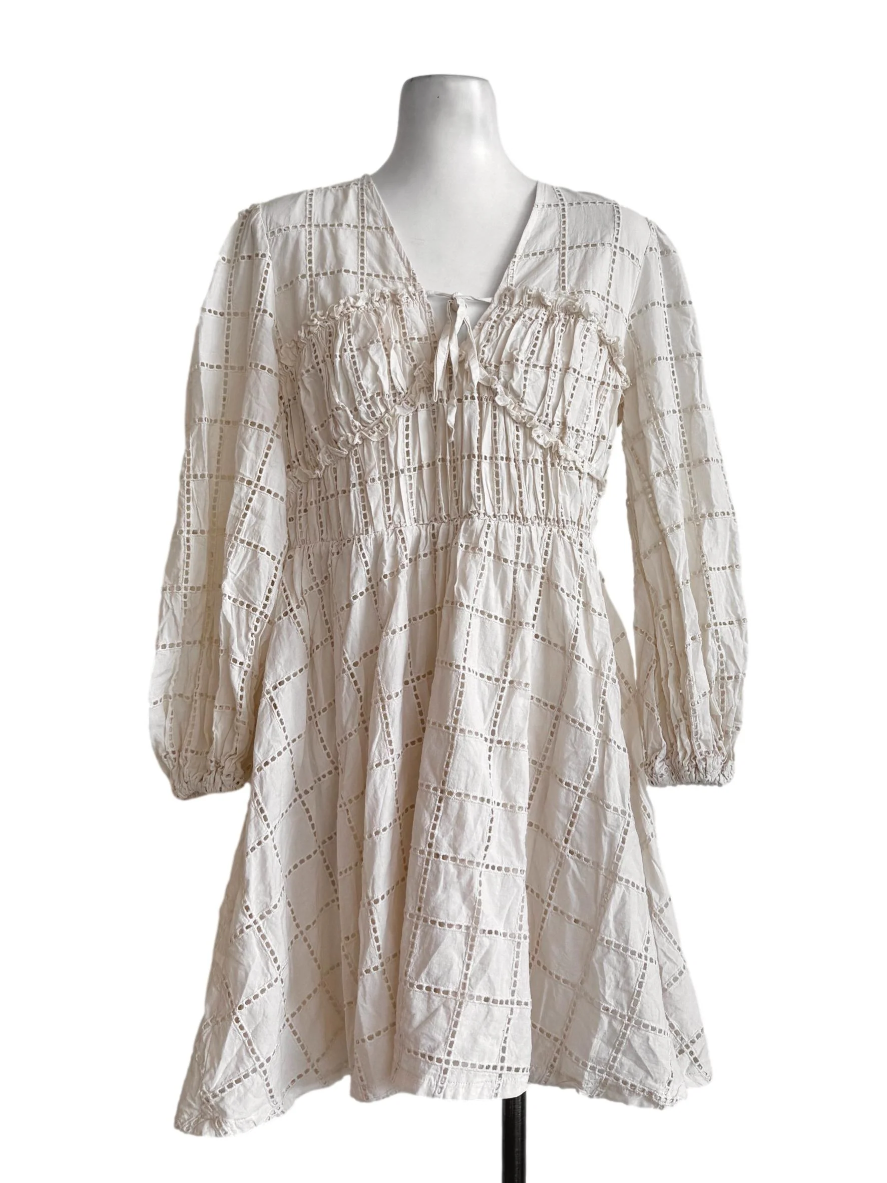 Pale Beige Eyelet V Neck Dress