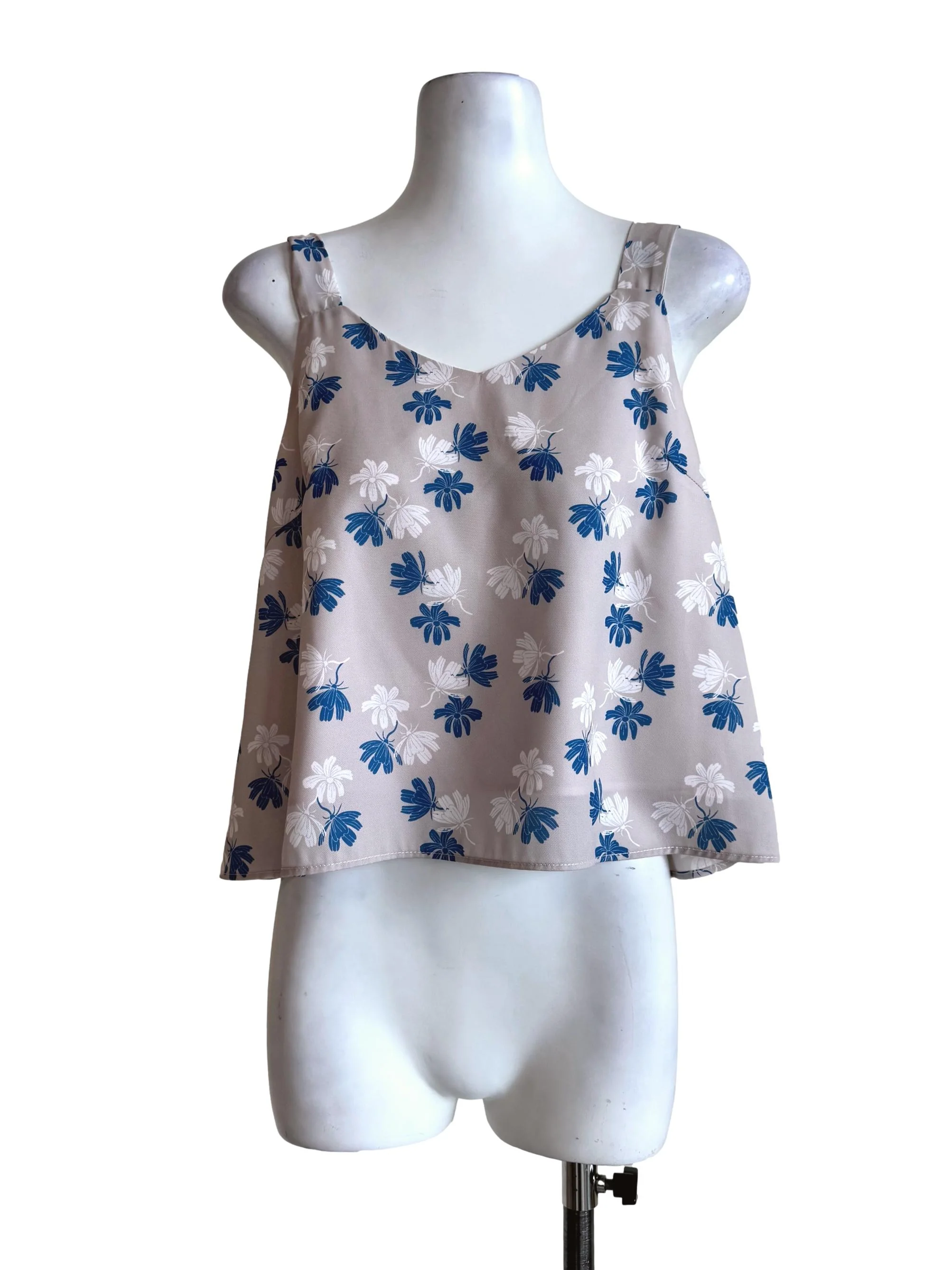Pale Grey With Blue Prints V Neck Top