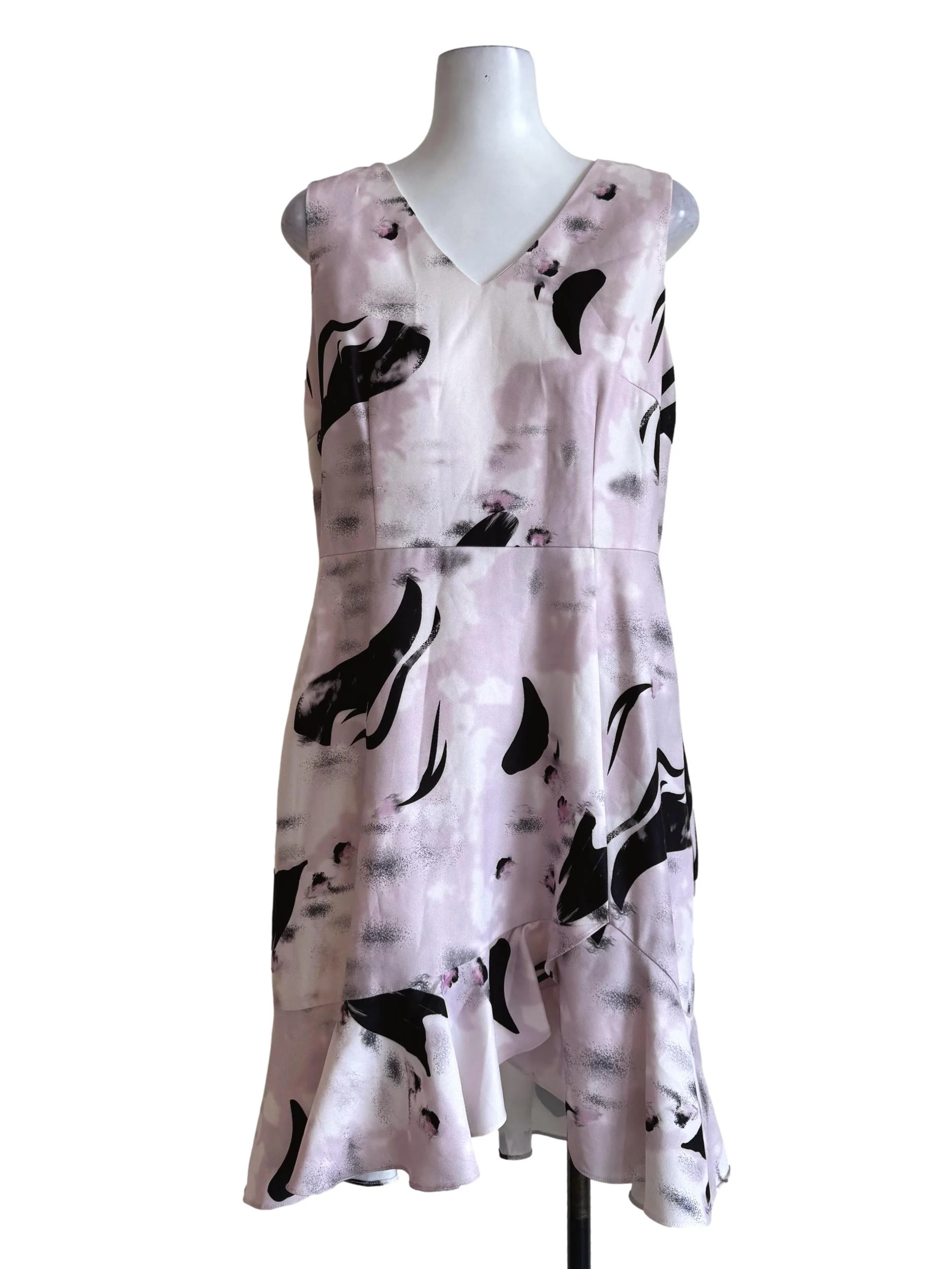 Pale Mauve With Black Abstract Motifs Sleeveless A-Line Dress