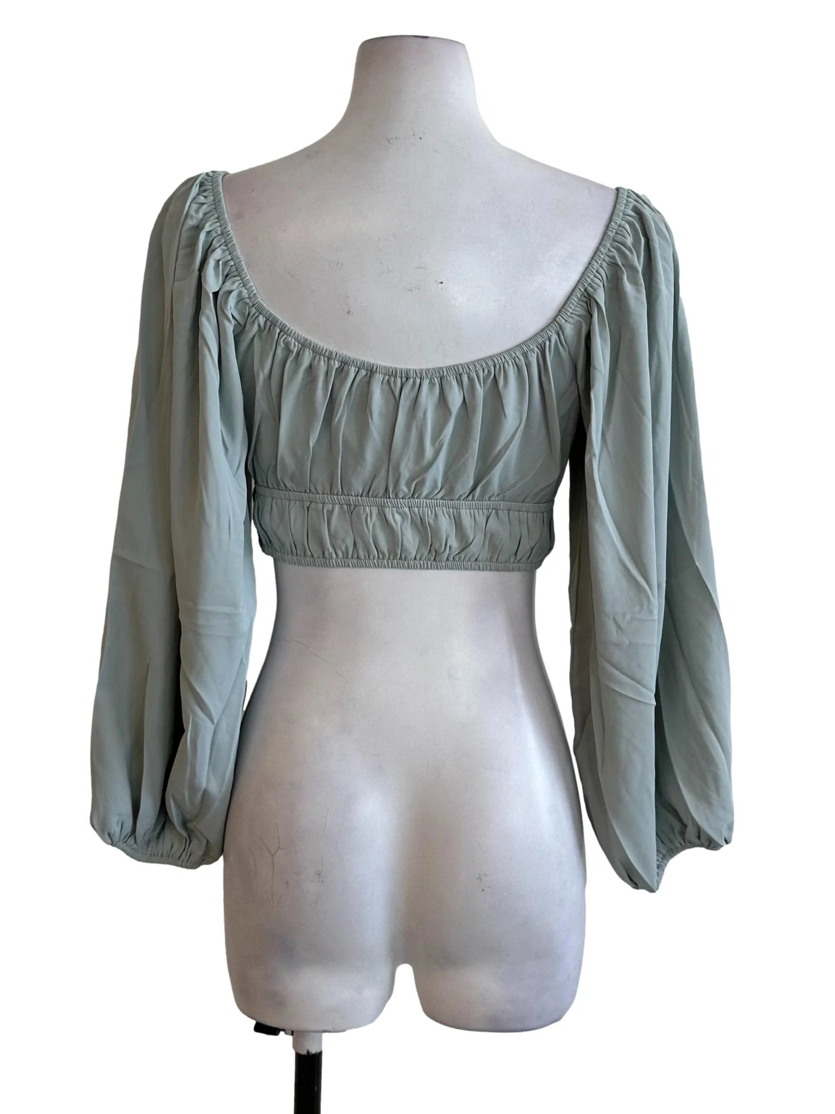 Pastel Green Ruched Long Sleeve Crop Top - Image 2