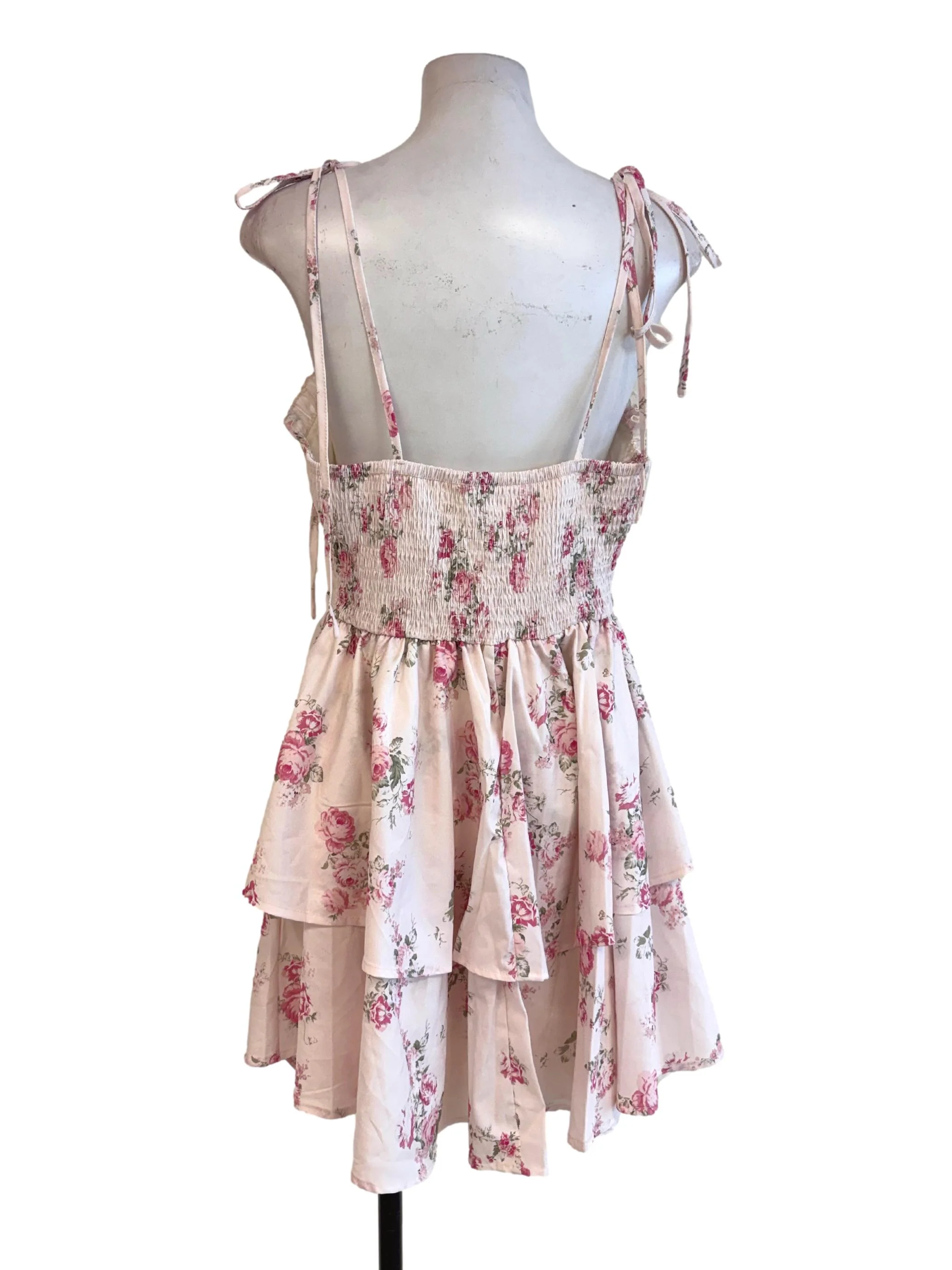 Pastel Pink Floral Elastic Ruched Ruffle Tier Mini Dress - Image 2