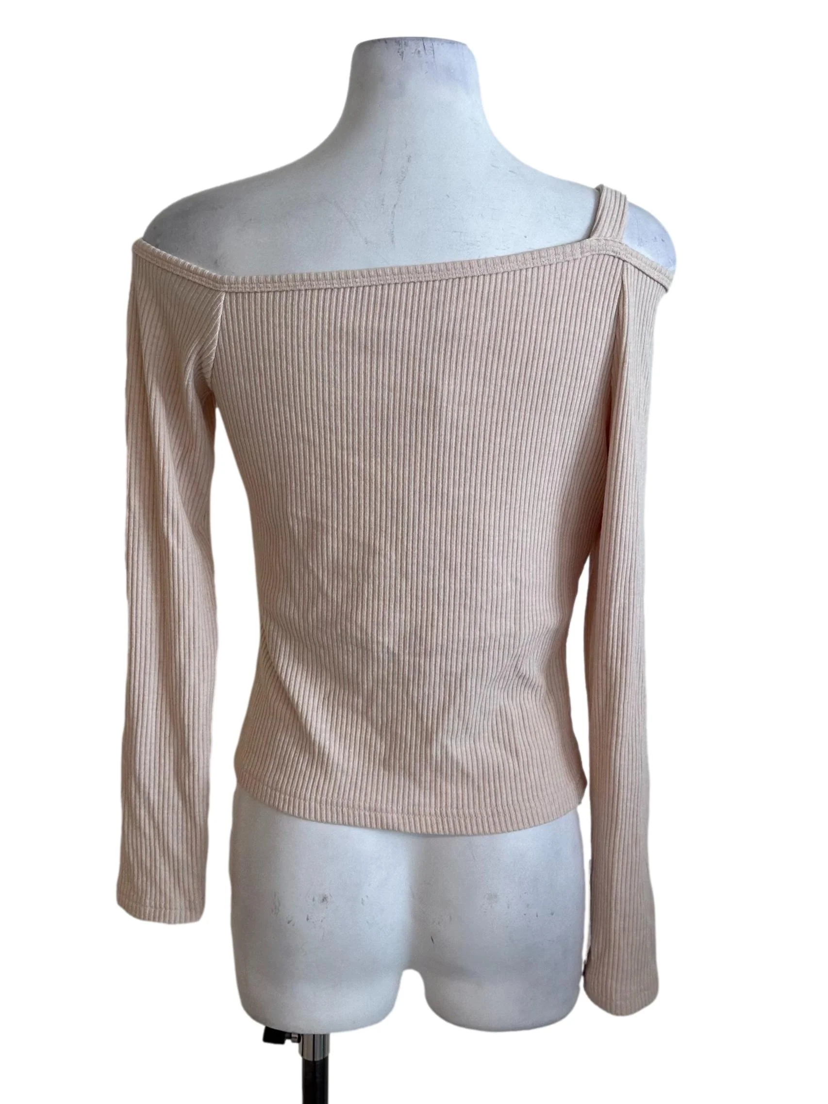 Peach Beige Knit Asymmetric Off Shoulder Top - Image 2