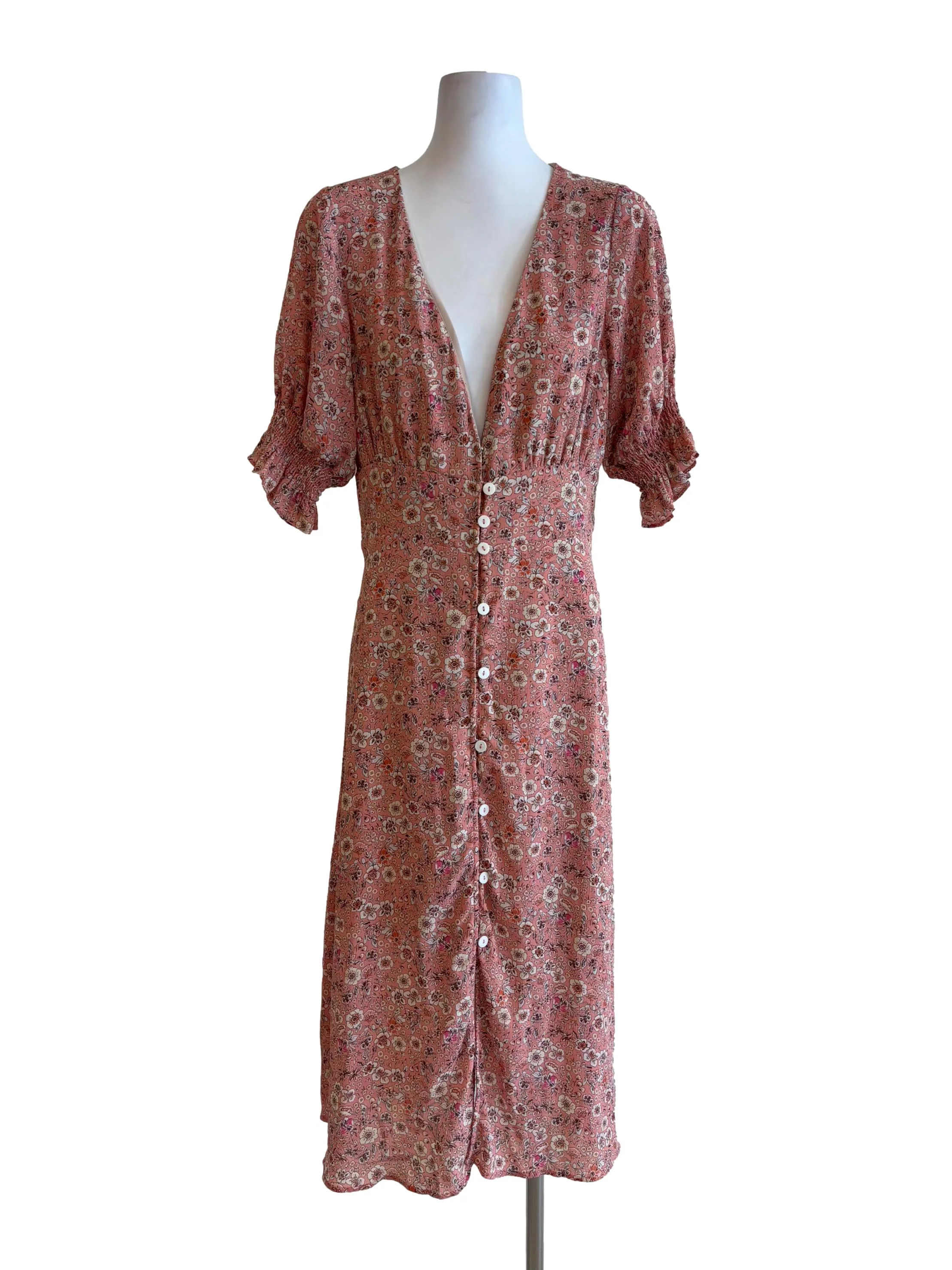 Peach Pink Floral Buttoned Sun Dress