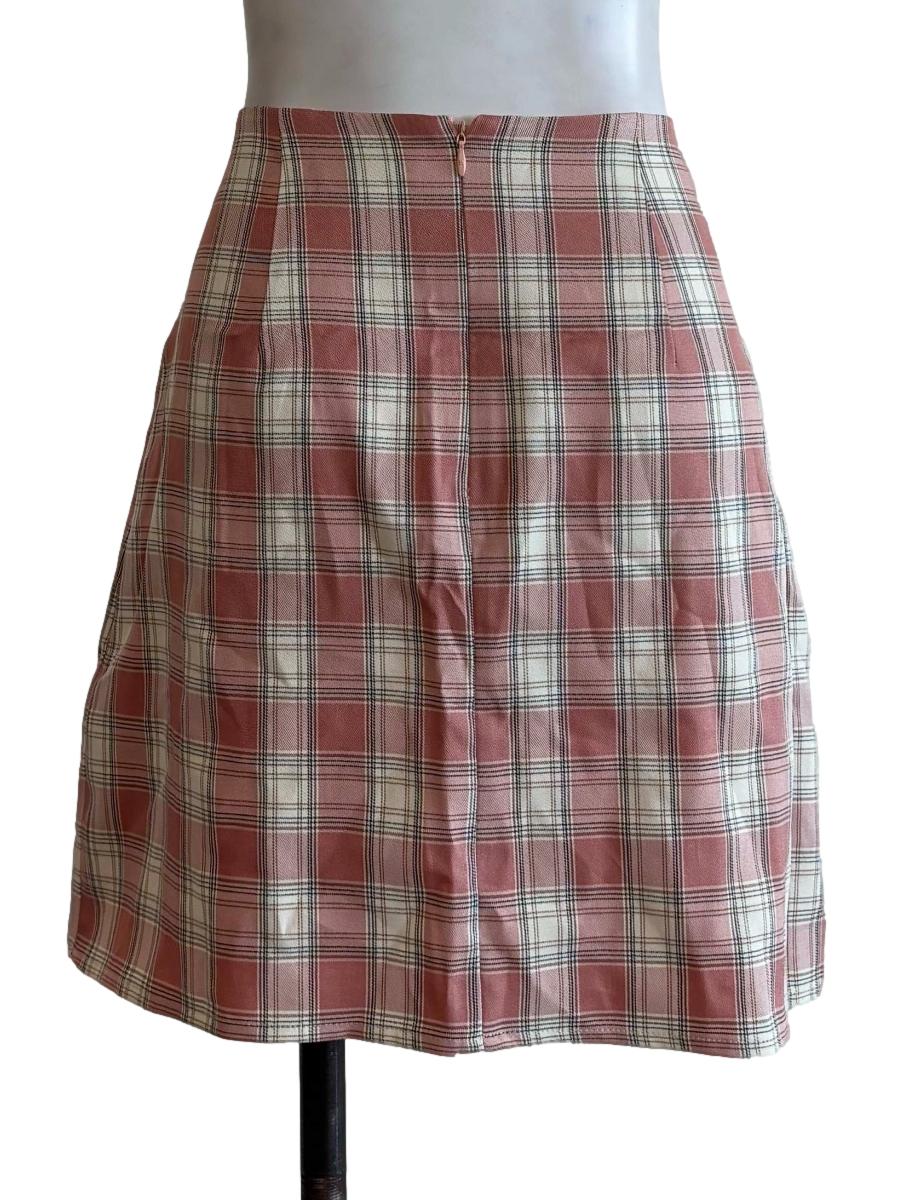 Peach Pink Plaid Mini Skirt - Image 2