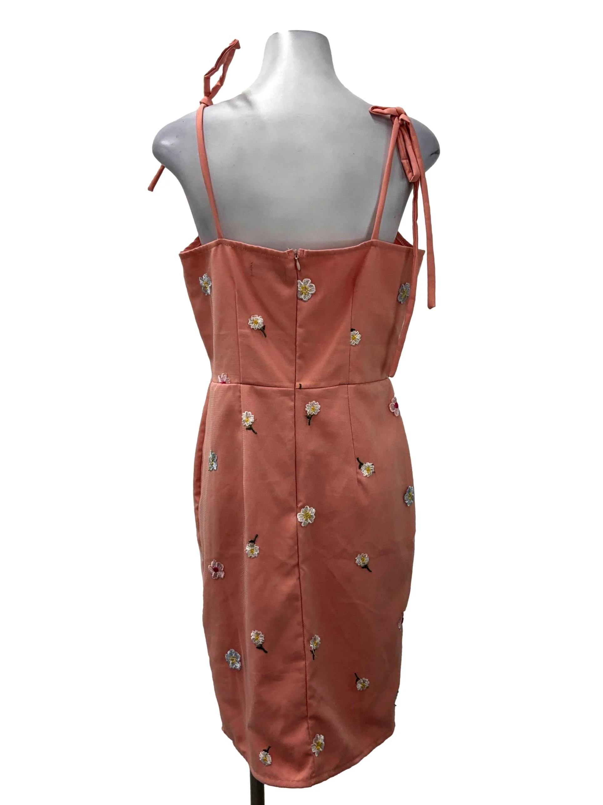 Peach Pink V-Neck Daisy Patterned Mini Dress - Image 2