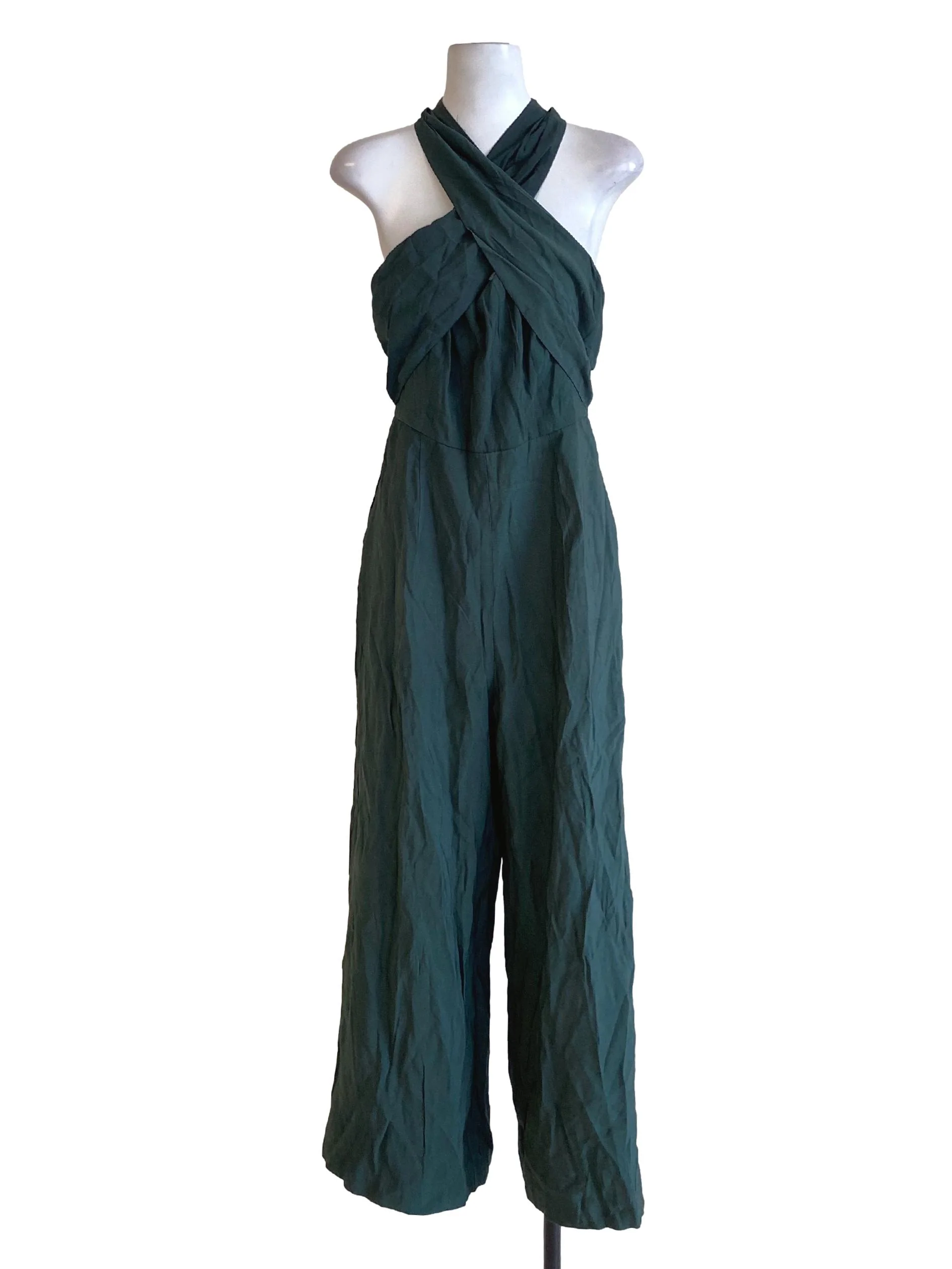 Peacock Green Twisted Cross Front Halter Regular Jumpsuit LB