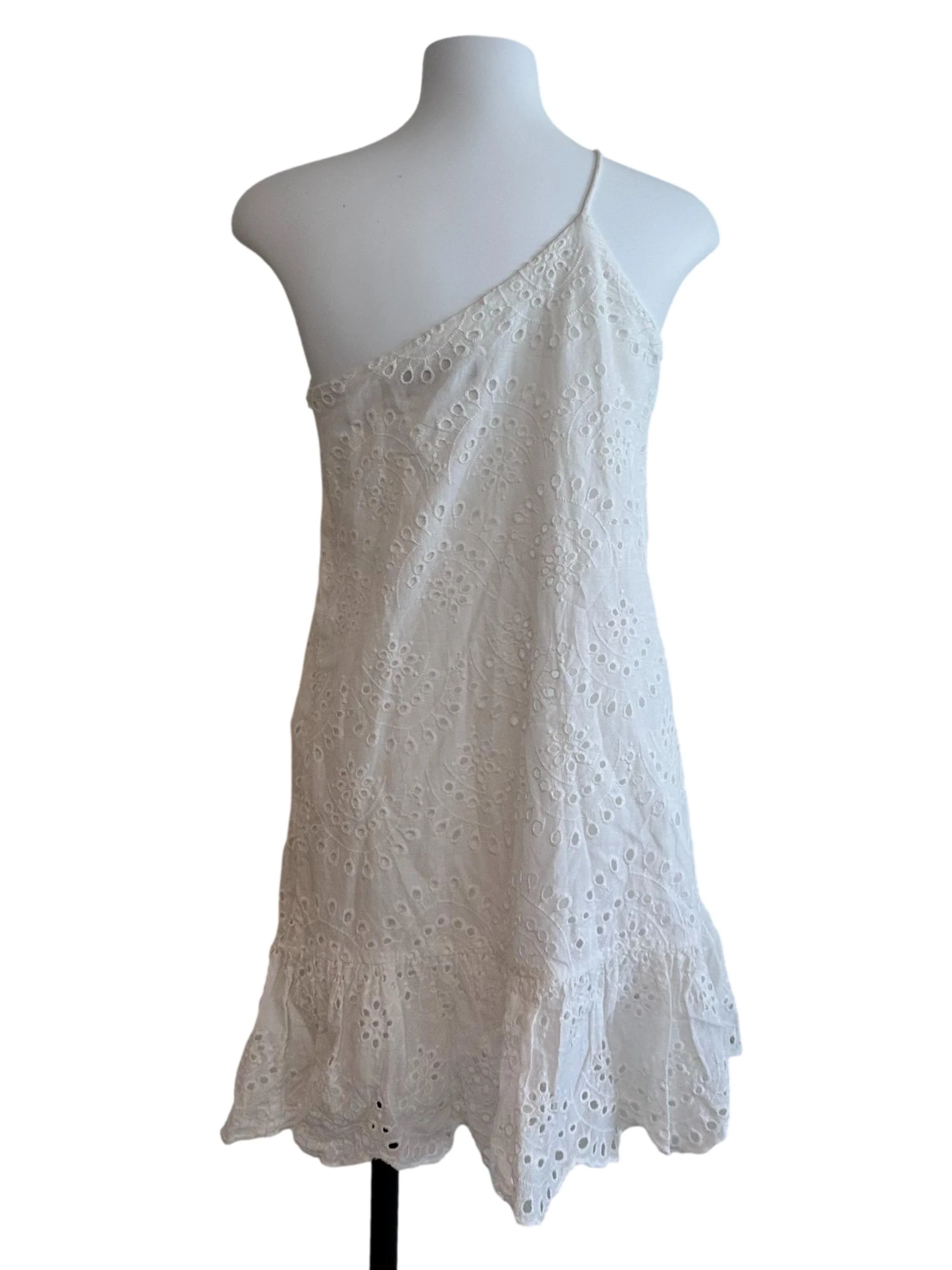 Pearl White Eyelet Embroidery Asymmetric Dress - Image 2