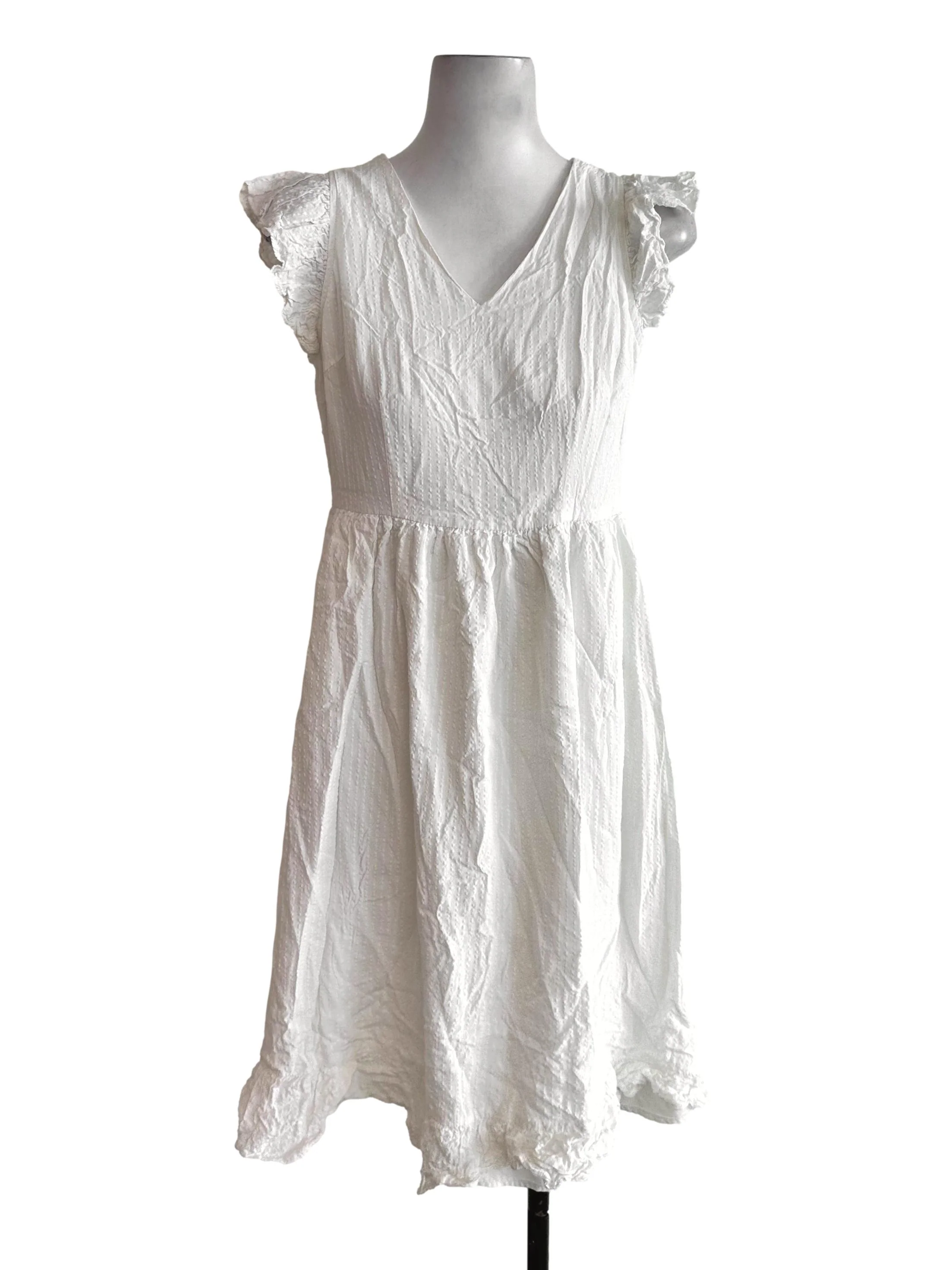 Pearl White V Neck Ruffle Textured Dress LB