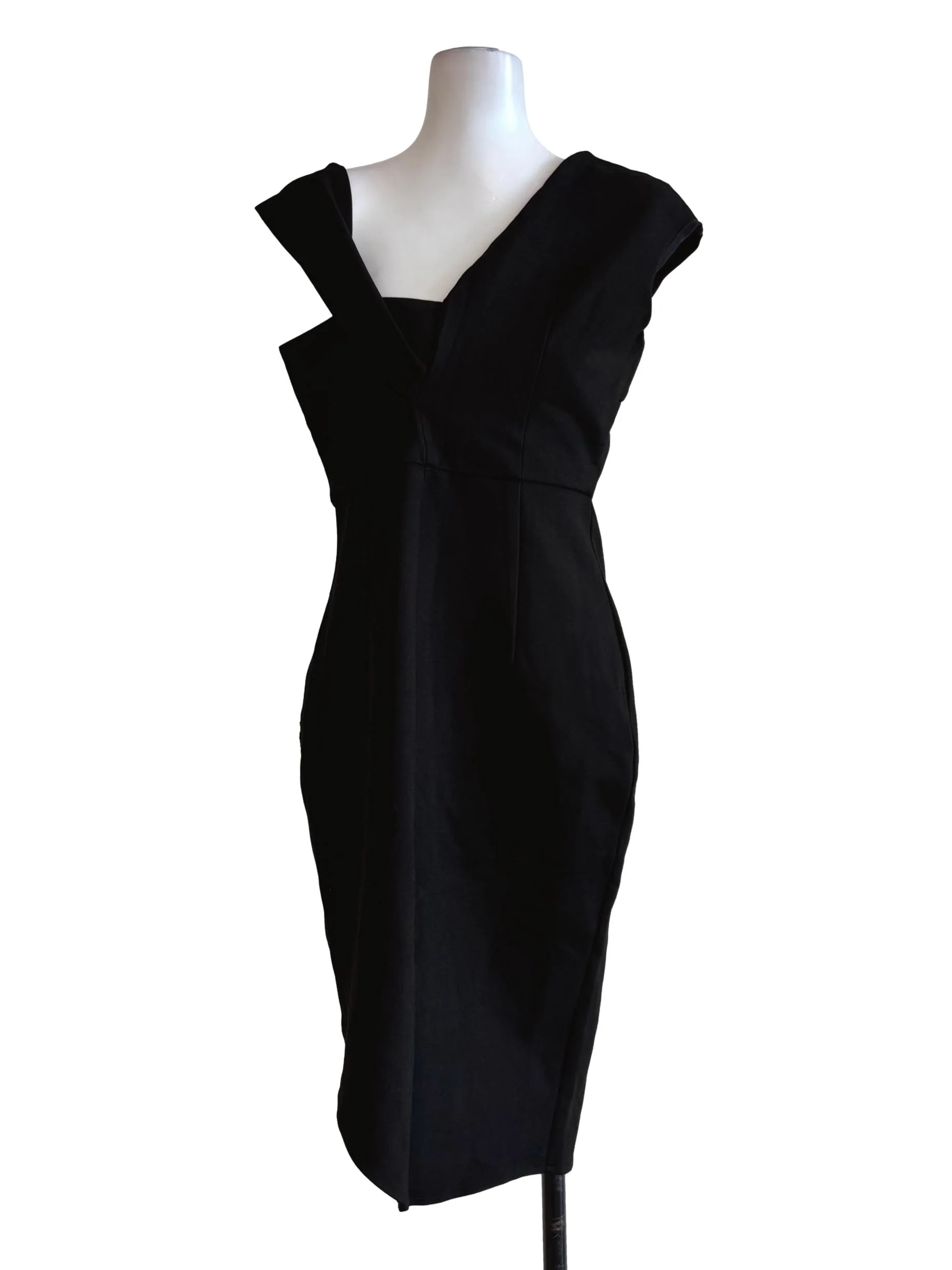 Pewter Black Asymmetric Neck Pencil Dress