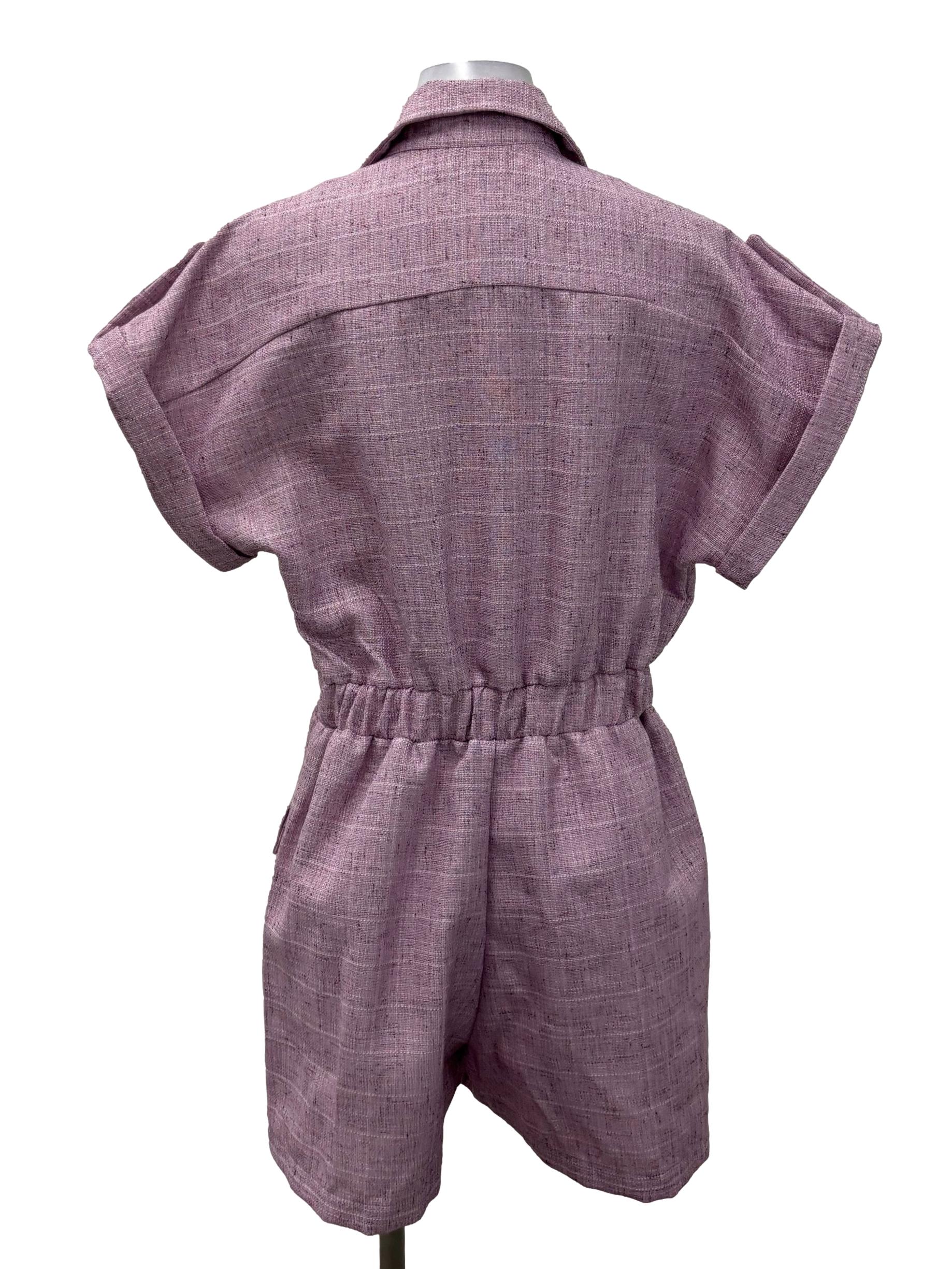 Pink Button Down V-Neck Pocket Romper - Image 2