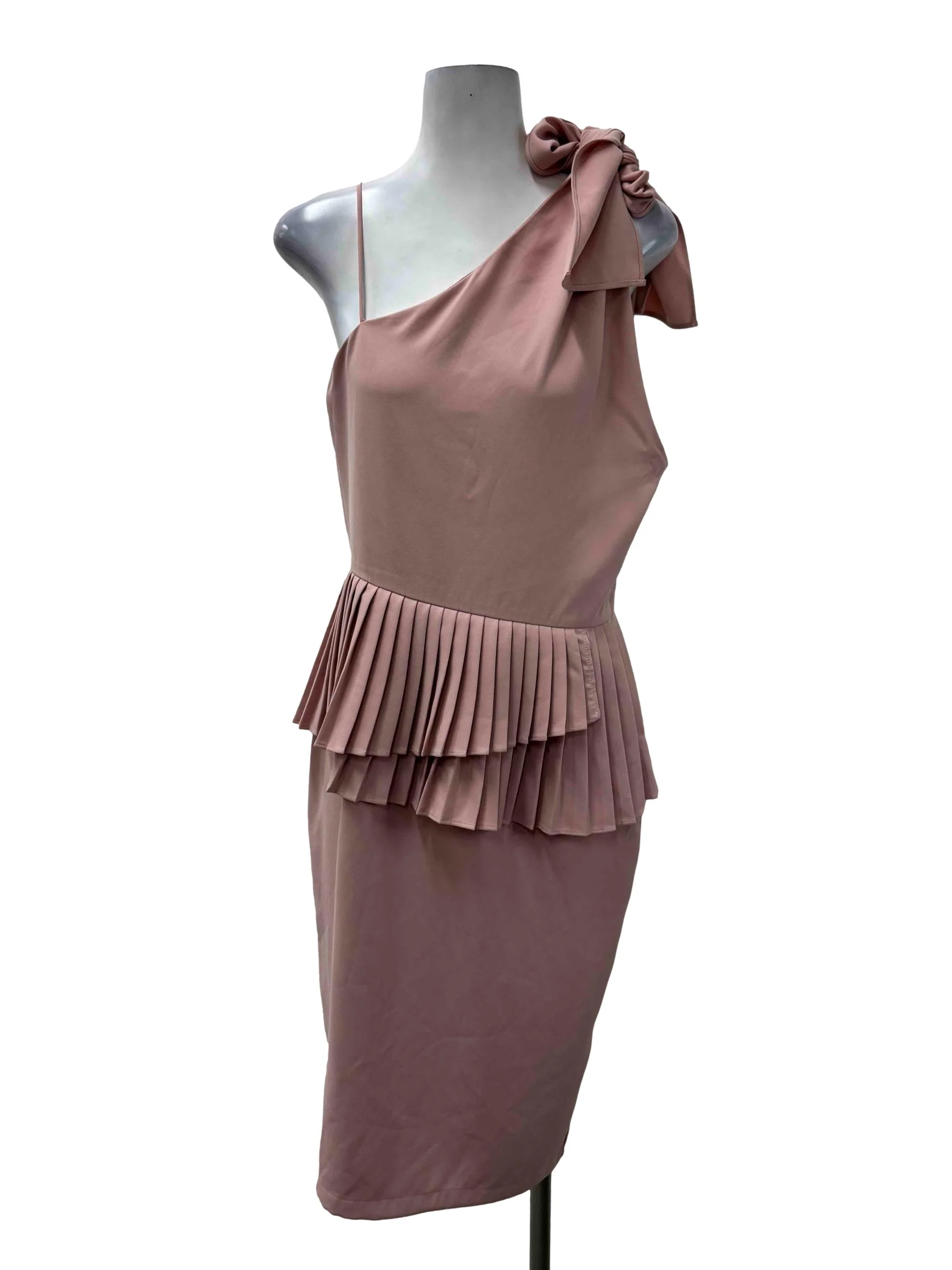 Pink Self Tie Sleeves Pleated Dress