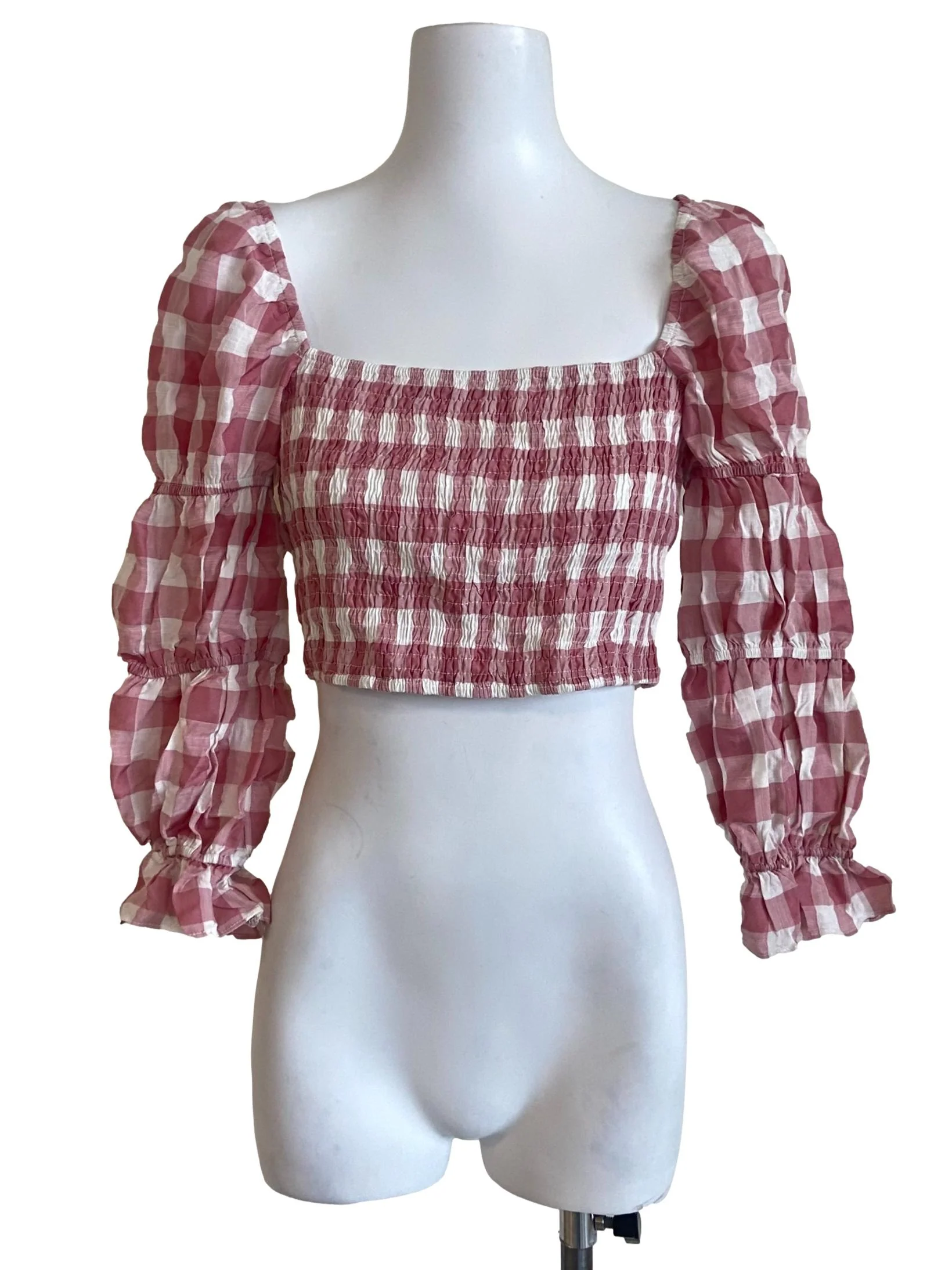 Pink White Plaid Puff Sleeve Crop Top