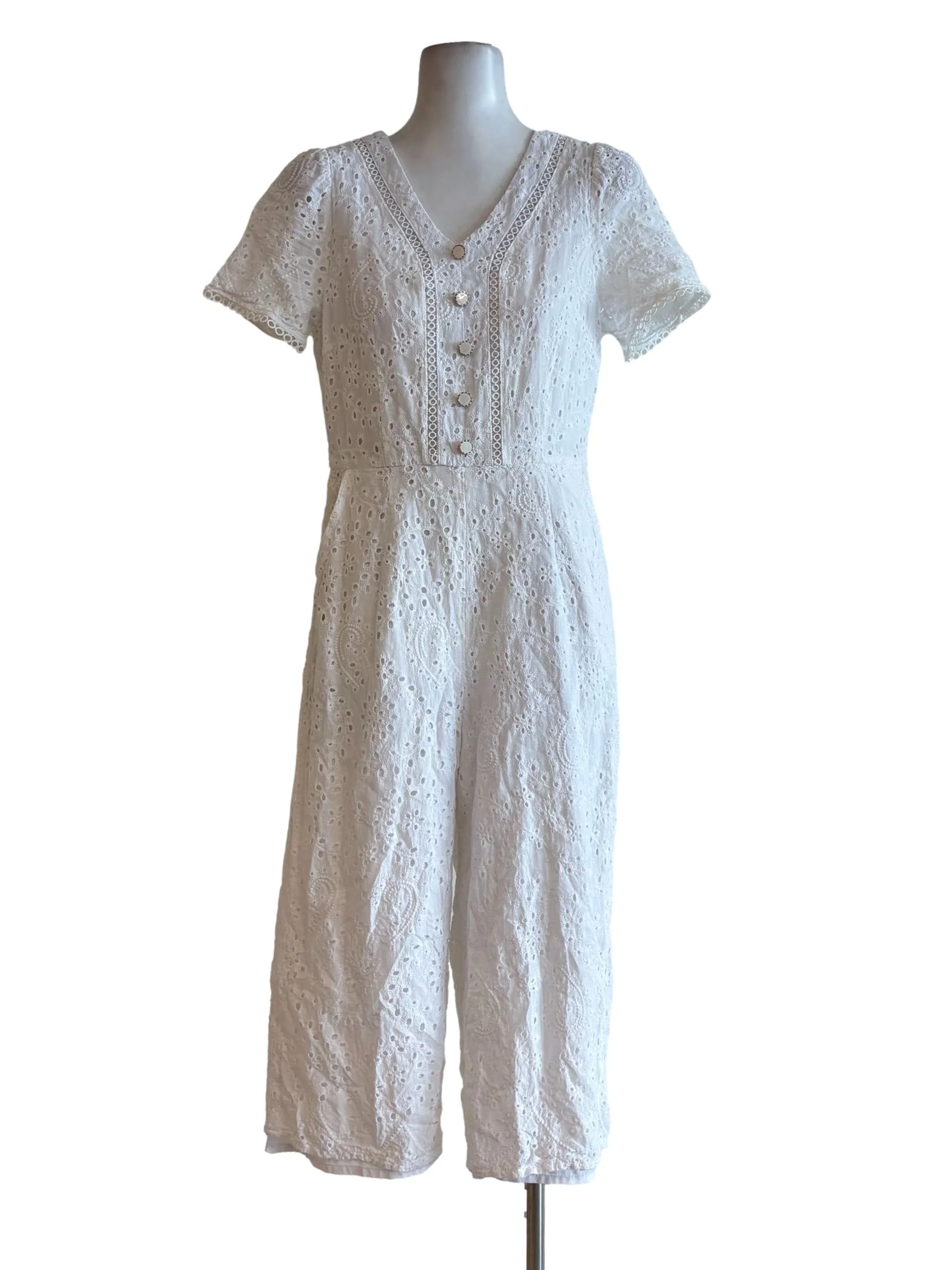 Powder White Eyelet Quarter Jumpsuit