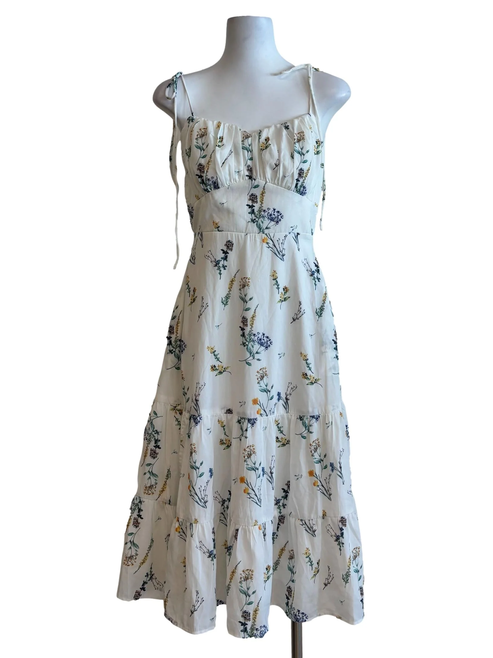 Powder White Floral Tiered A-Line Dress