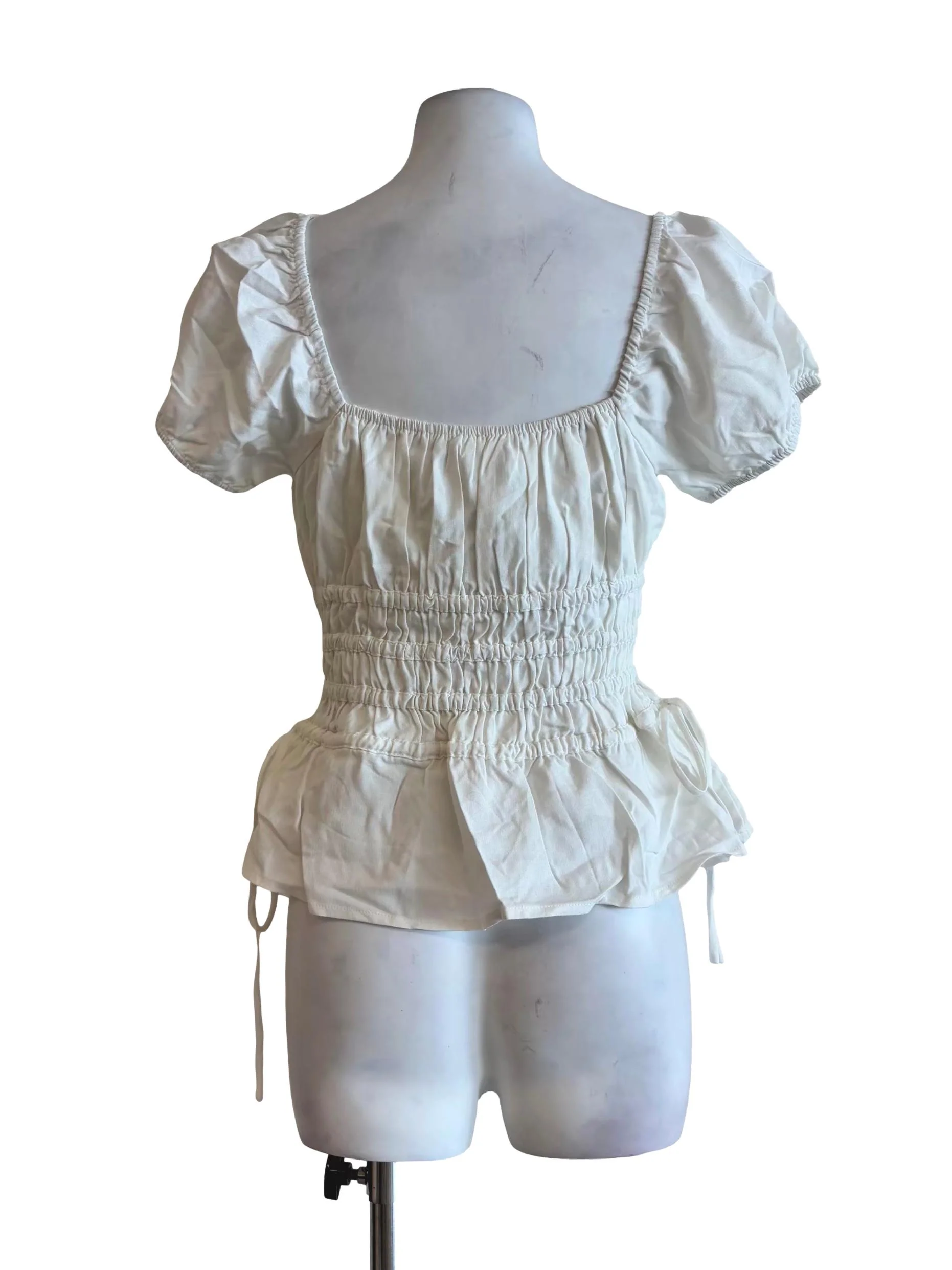Powder White Puff Sleeve Smock Linen Blouse - Image 2