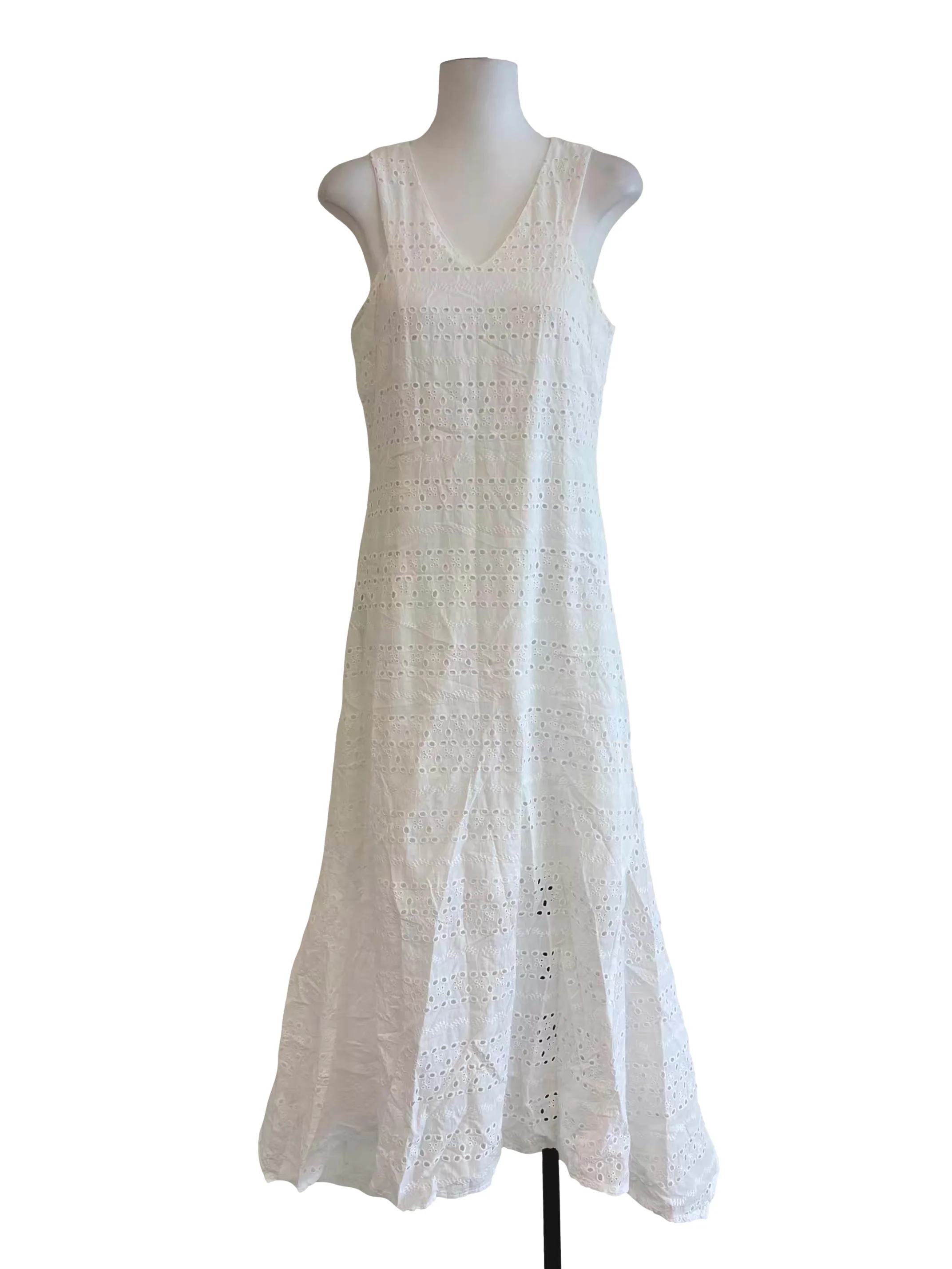 Powder White V Neck Cotton Eyelet Dress