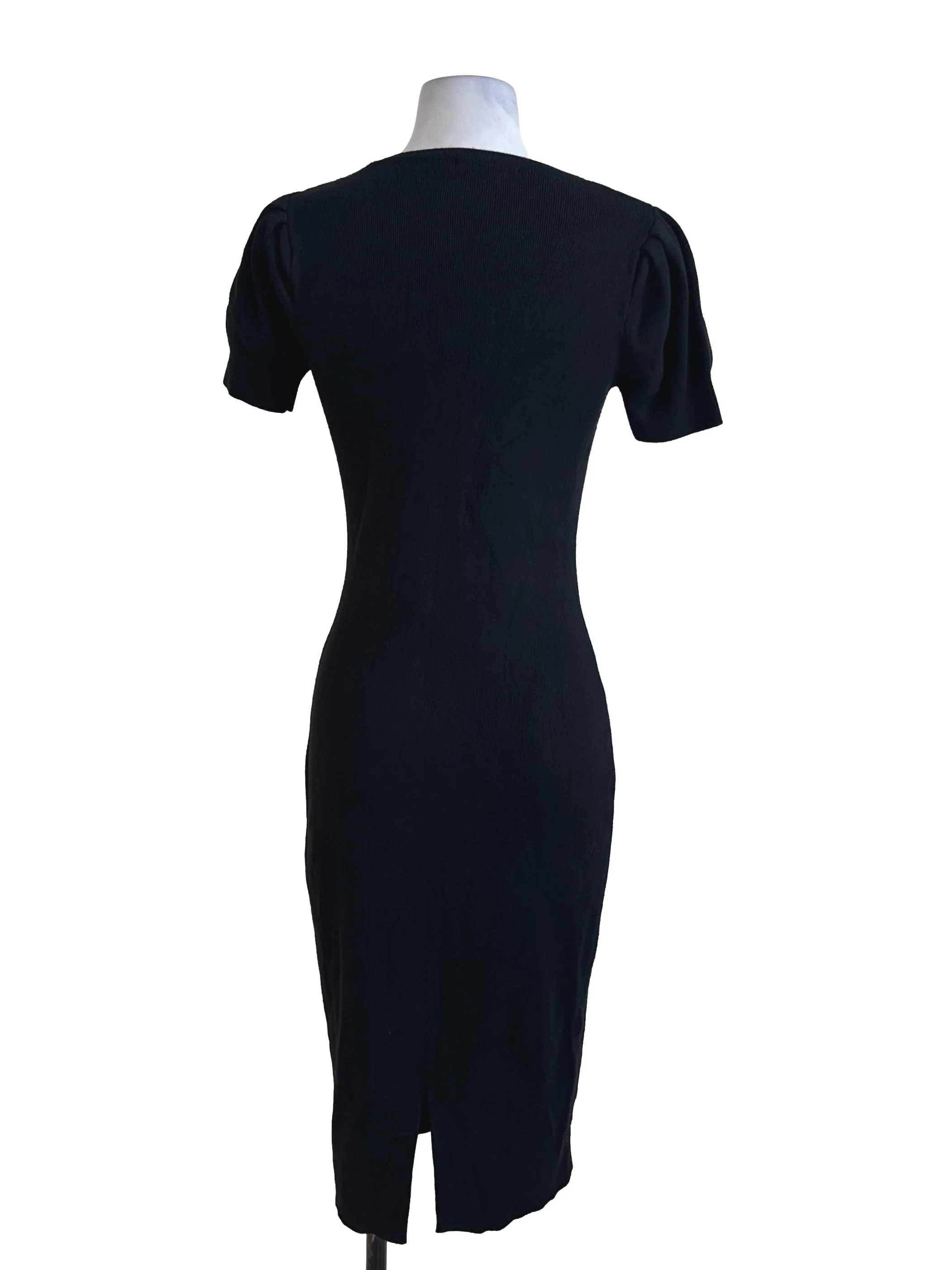 Pure Black Knit Circular Cap Sleeve Slit Dress - Image 2