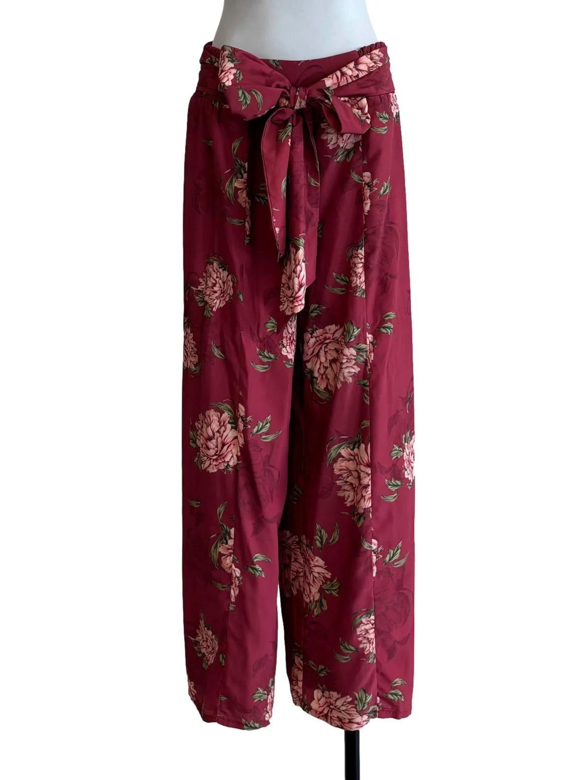 Raspberry Red Printed Front Tie Pants