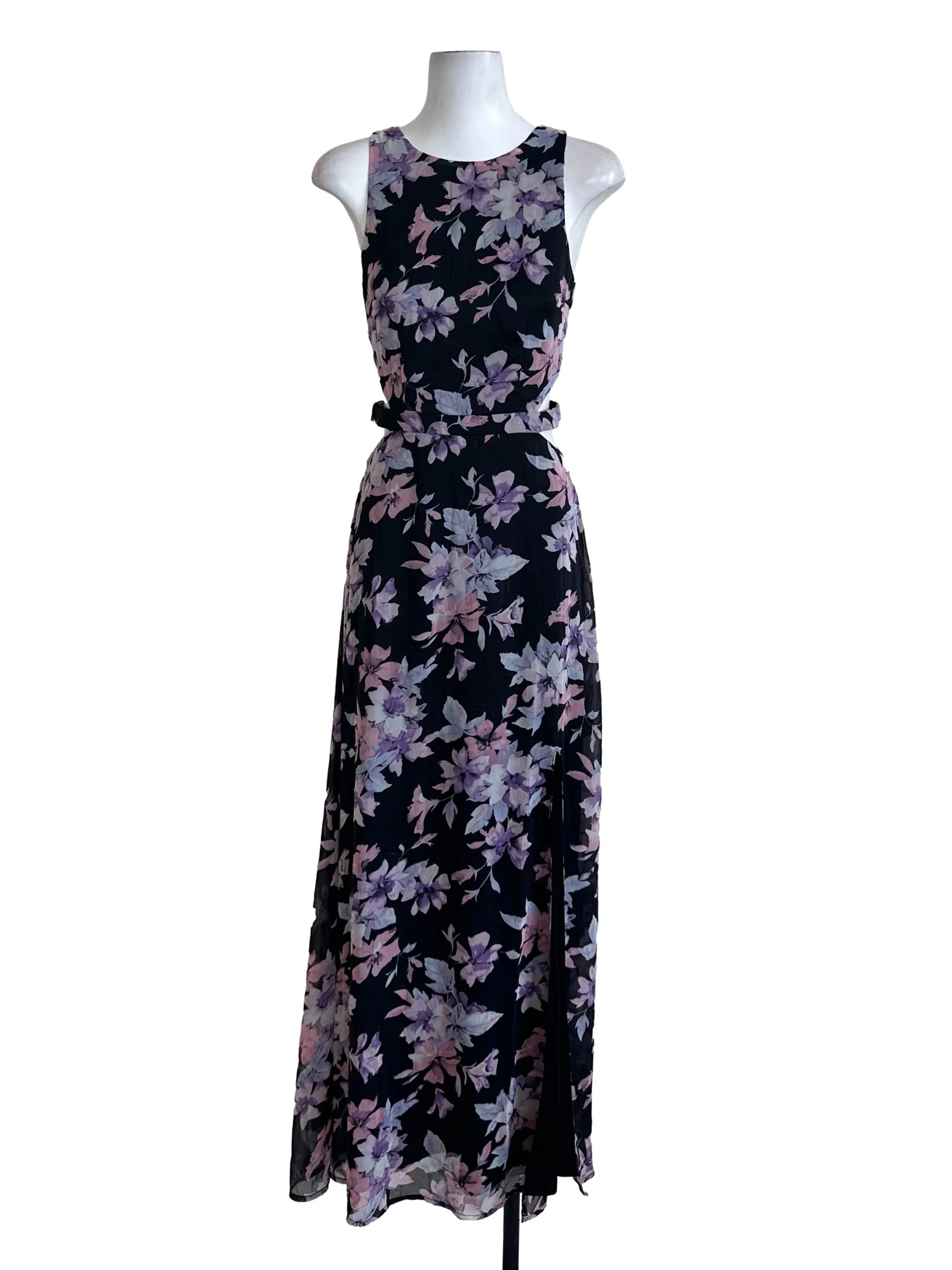 Raven Black Floral Pattern Slit Dress
