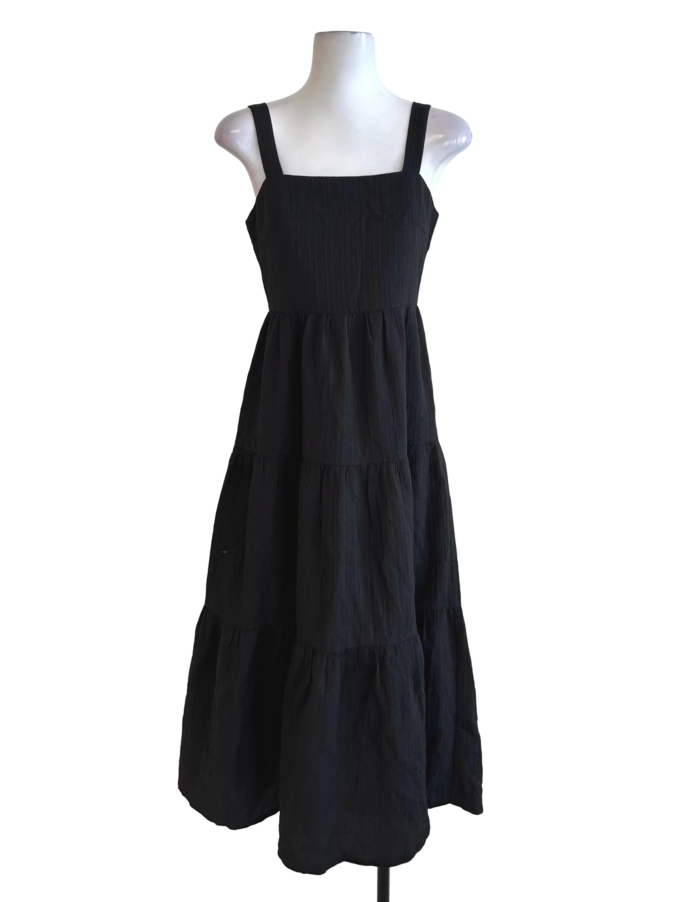 Raven Black Square Neck Textured Tiered Dress