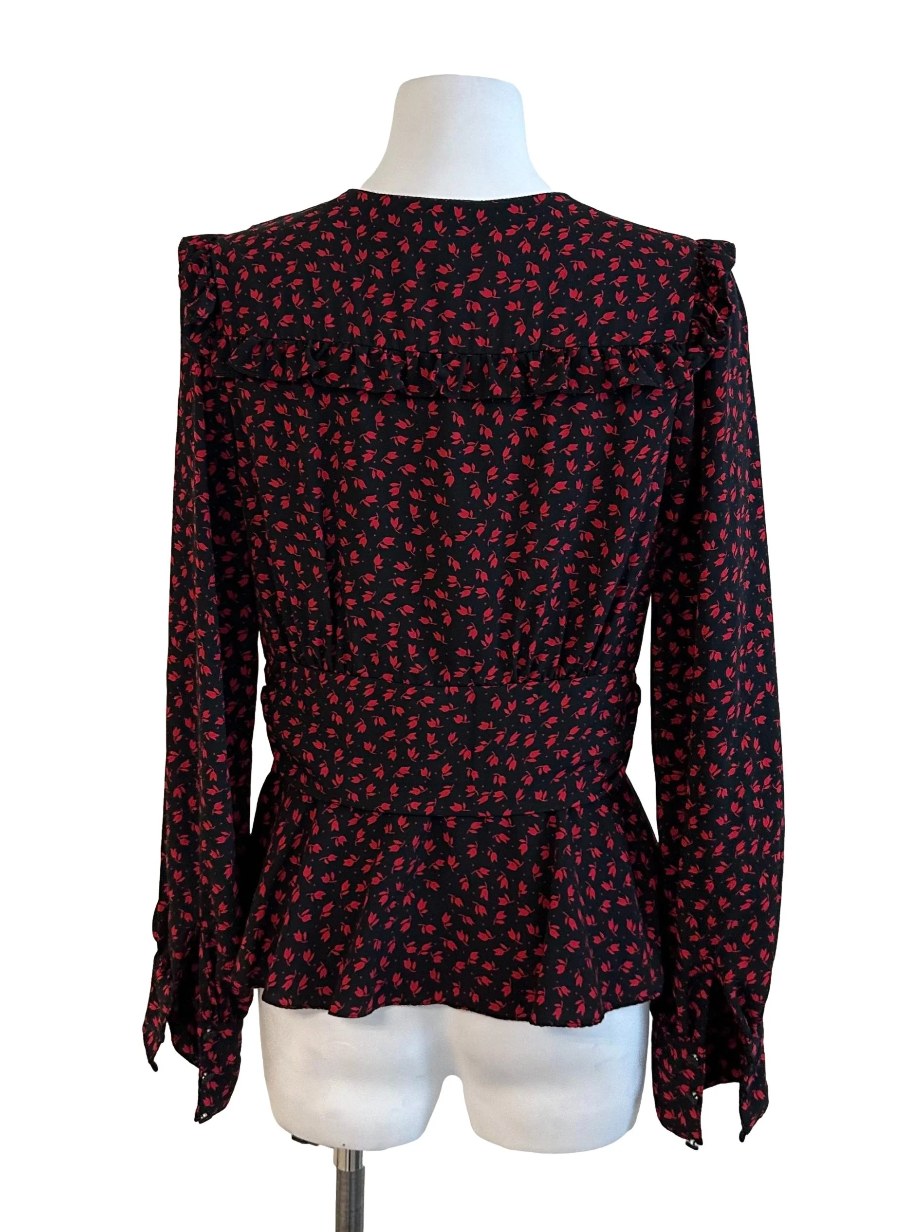 Red Black V Neck Pattern Button Blouse - Image 2