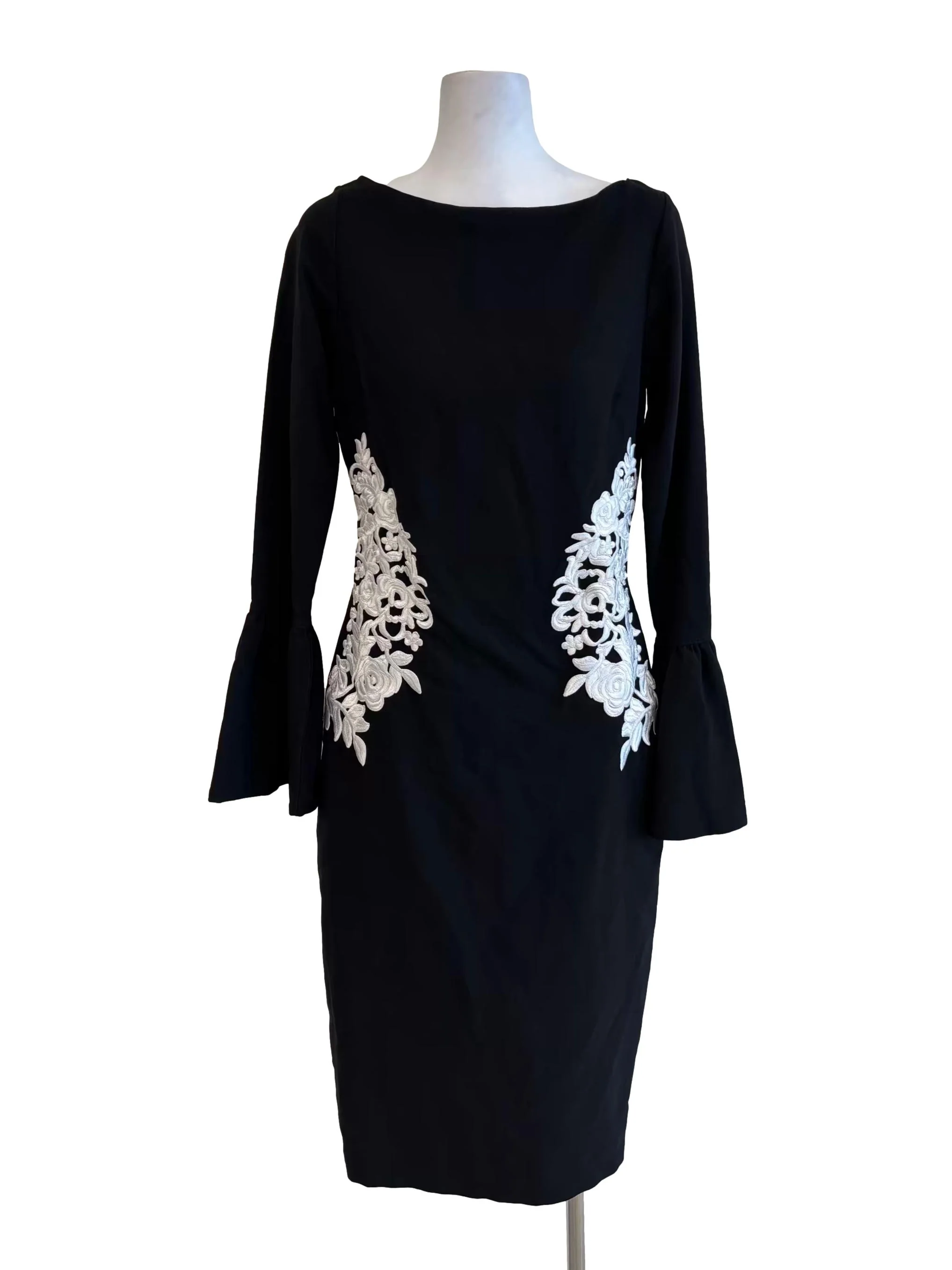 Rich Black Boat Neck Embroidered Sheath Dress