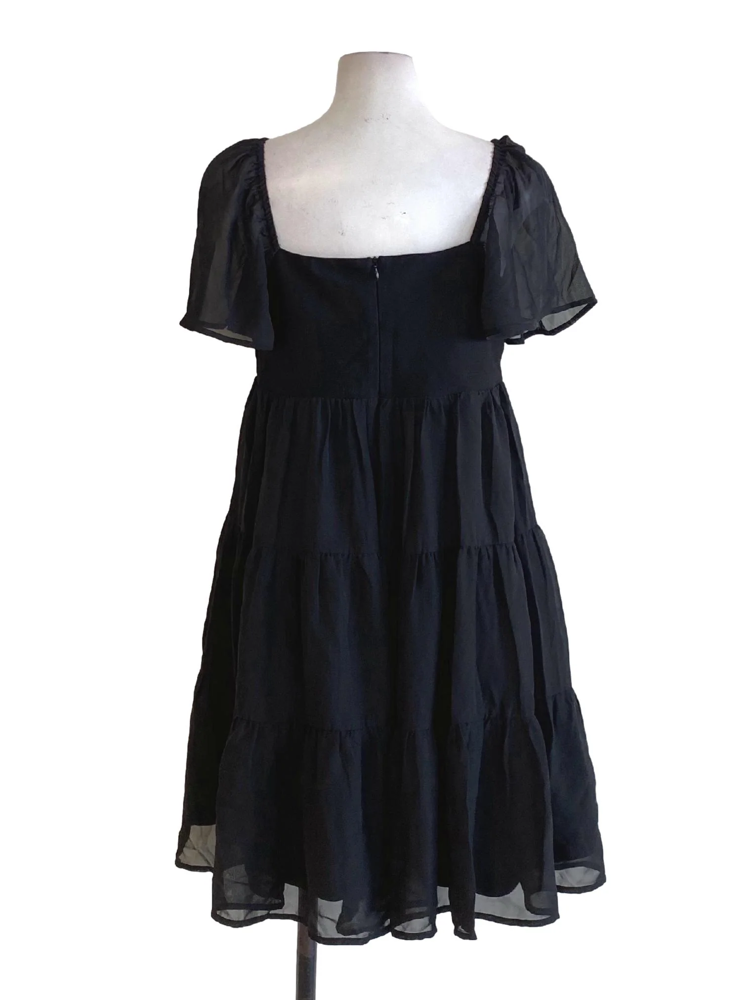 Rich Black Mesh Sleeve Square Neck Layered Dress - Image 2