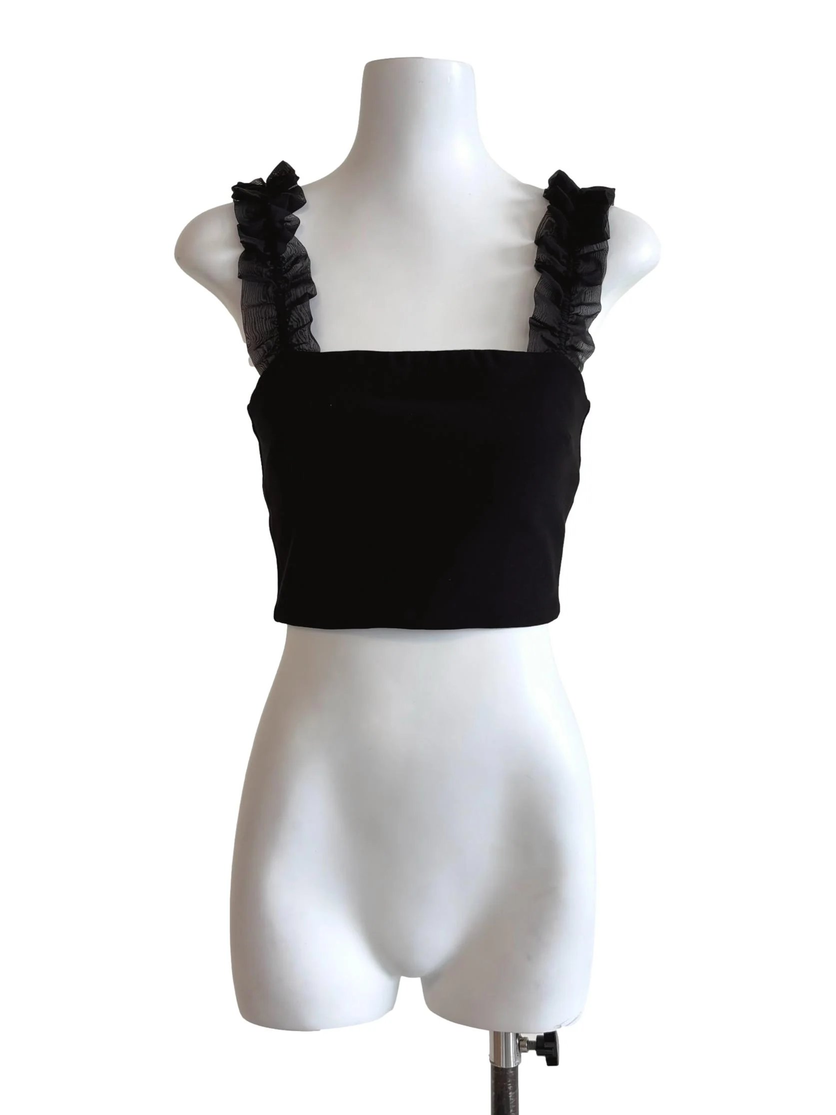 Rich Black Ruffle Strap Crop Top