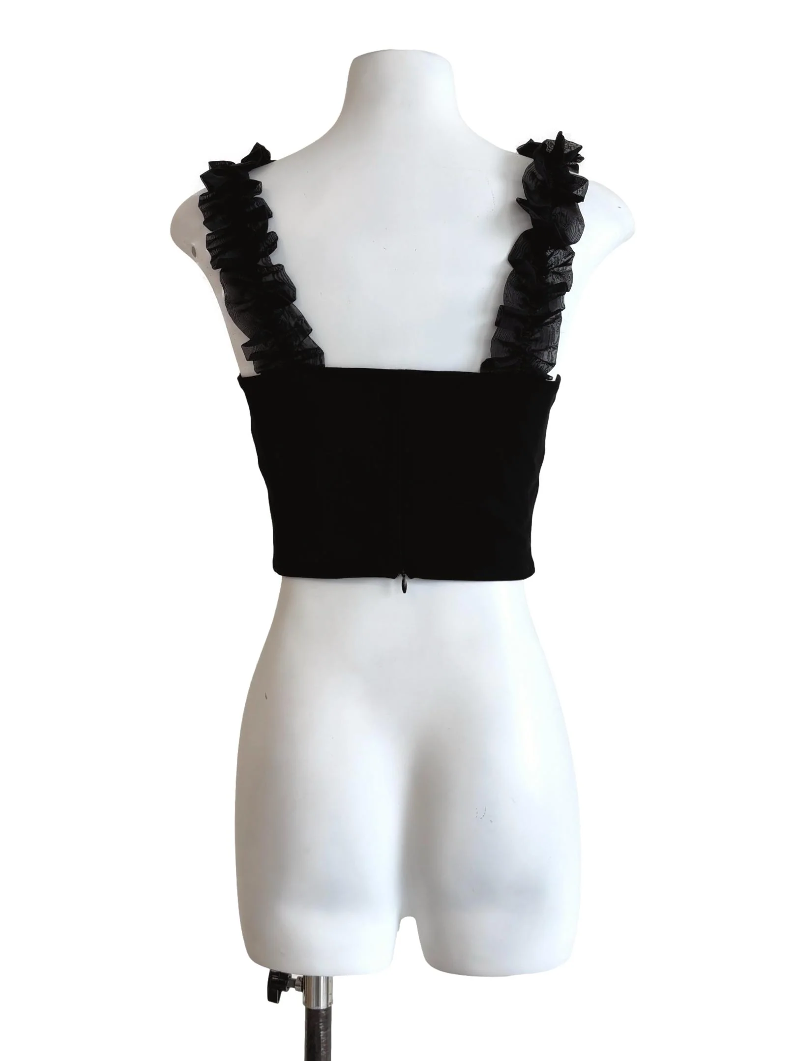 Rich Black Ruffle Strap Crop Top - Image 2