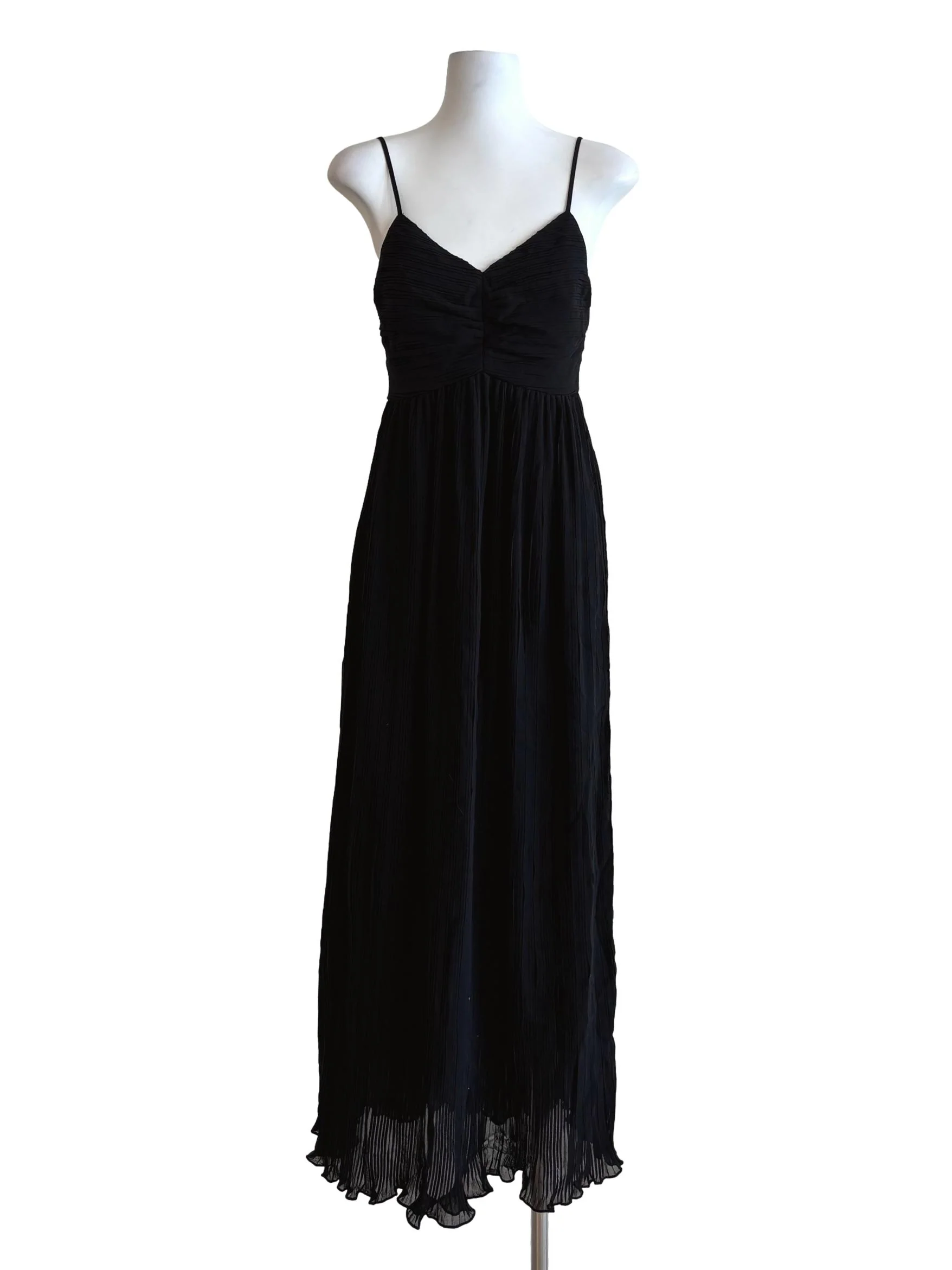 Rich Black Spaghetti Strap Pleated Dress