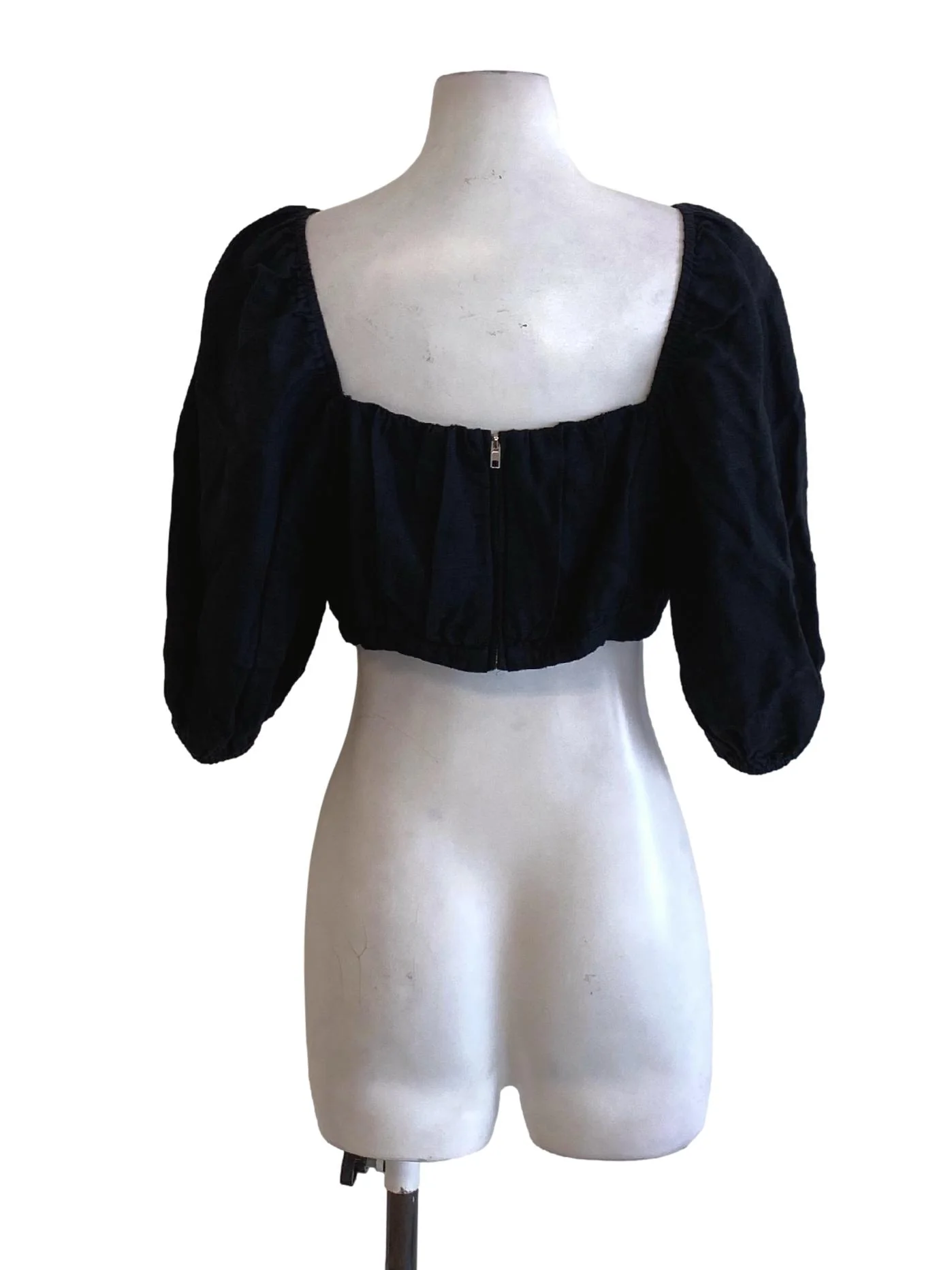 Rich Black Square Neck Peasant Cropped Top LB - Image 2
