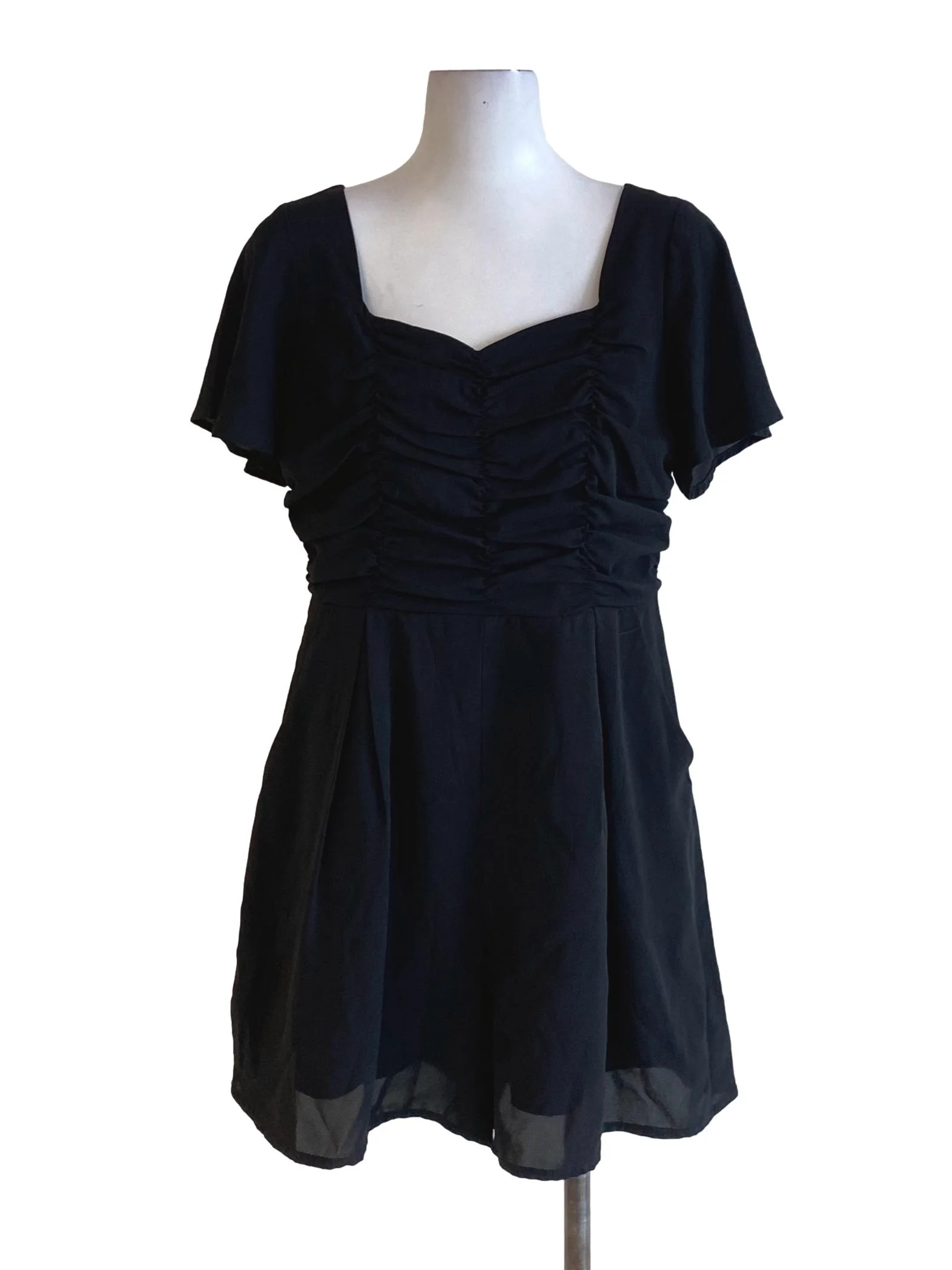 Rich Black Wrap Bust Cape Sleeve Romper