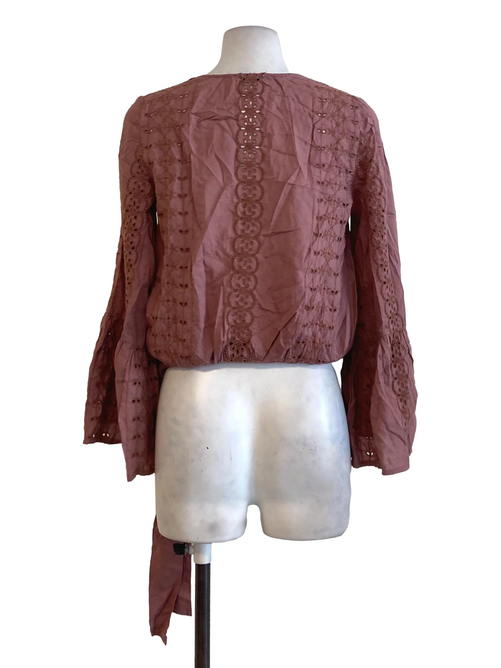 Rose Pink Floral Embroidery Poet Sleeve Crop Top - Image 2