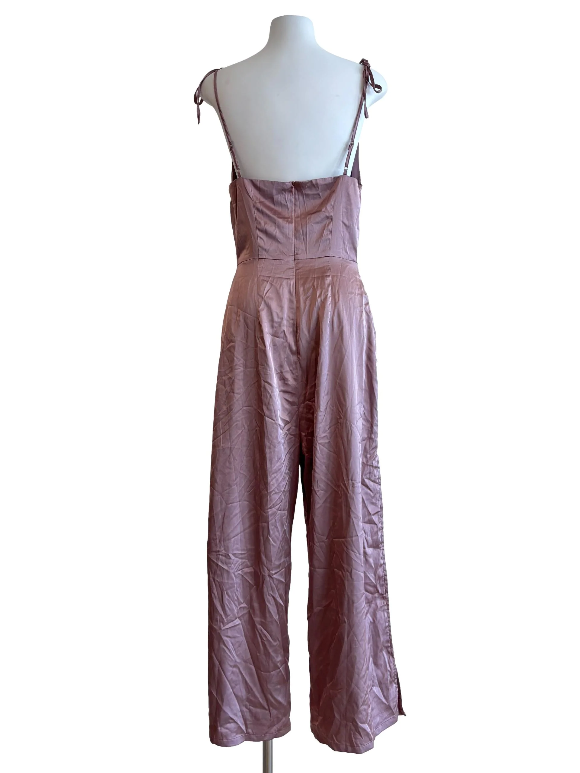 Rose Pink Satin Drape Slit Jumpsuit - Image 2