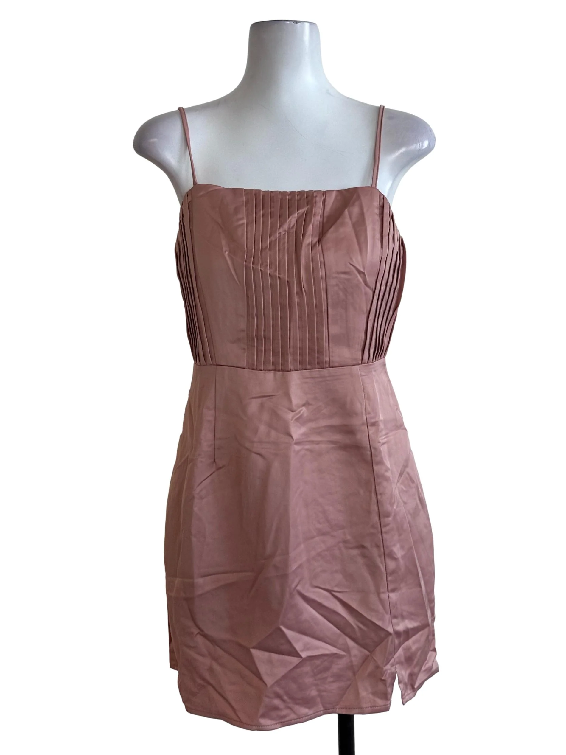 Rose Pink Satin Pleated A Line Dress