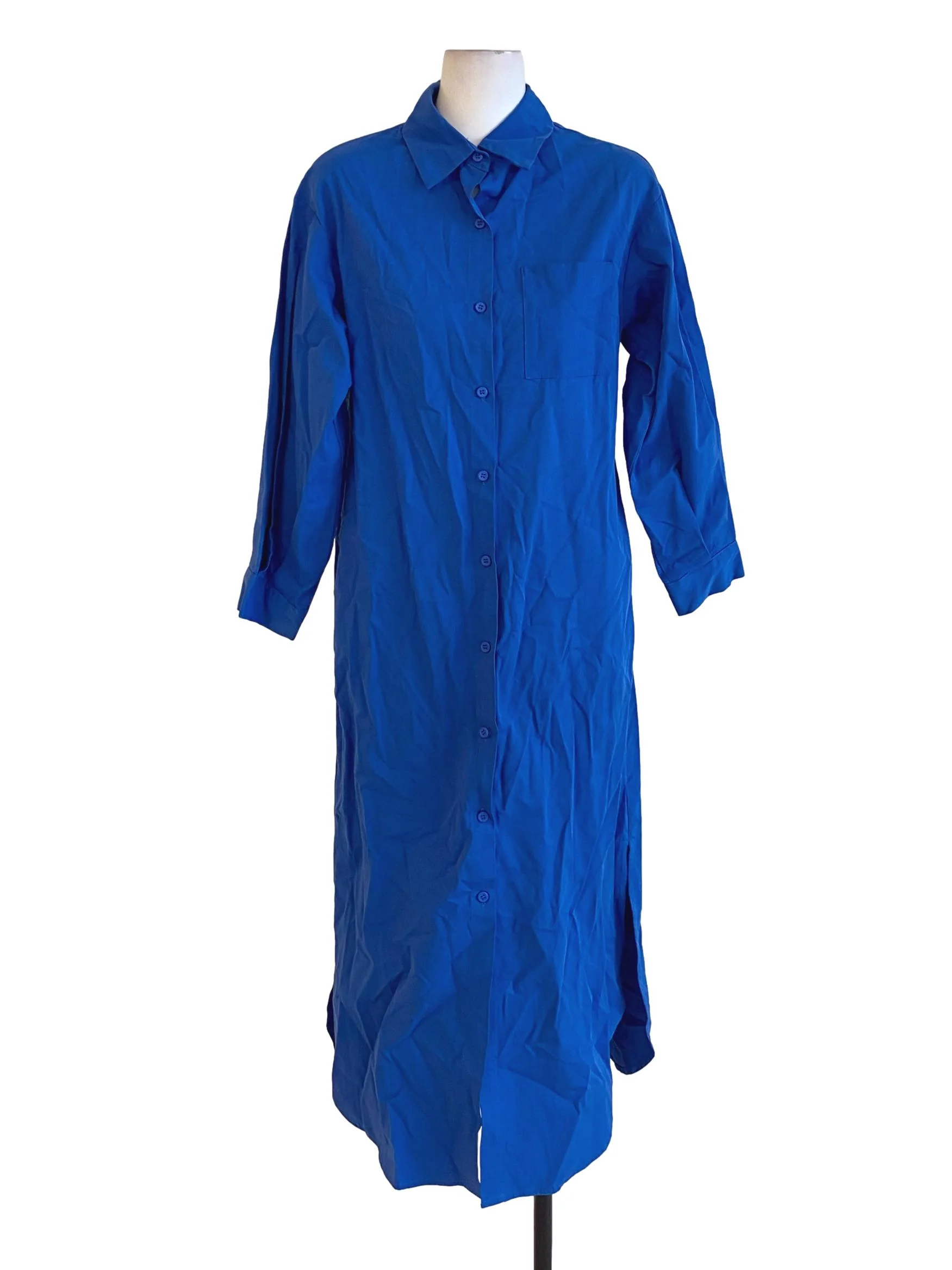 Royal Blue Buttoned Down Collared Long Sleeve Shirt Dress