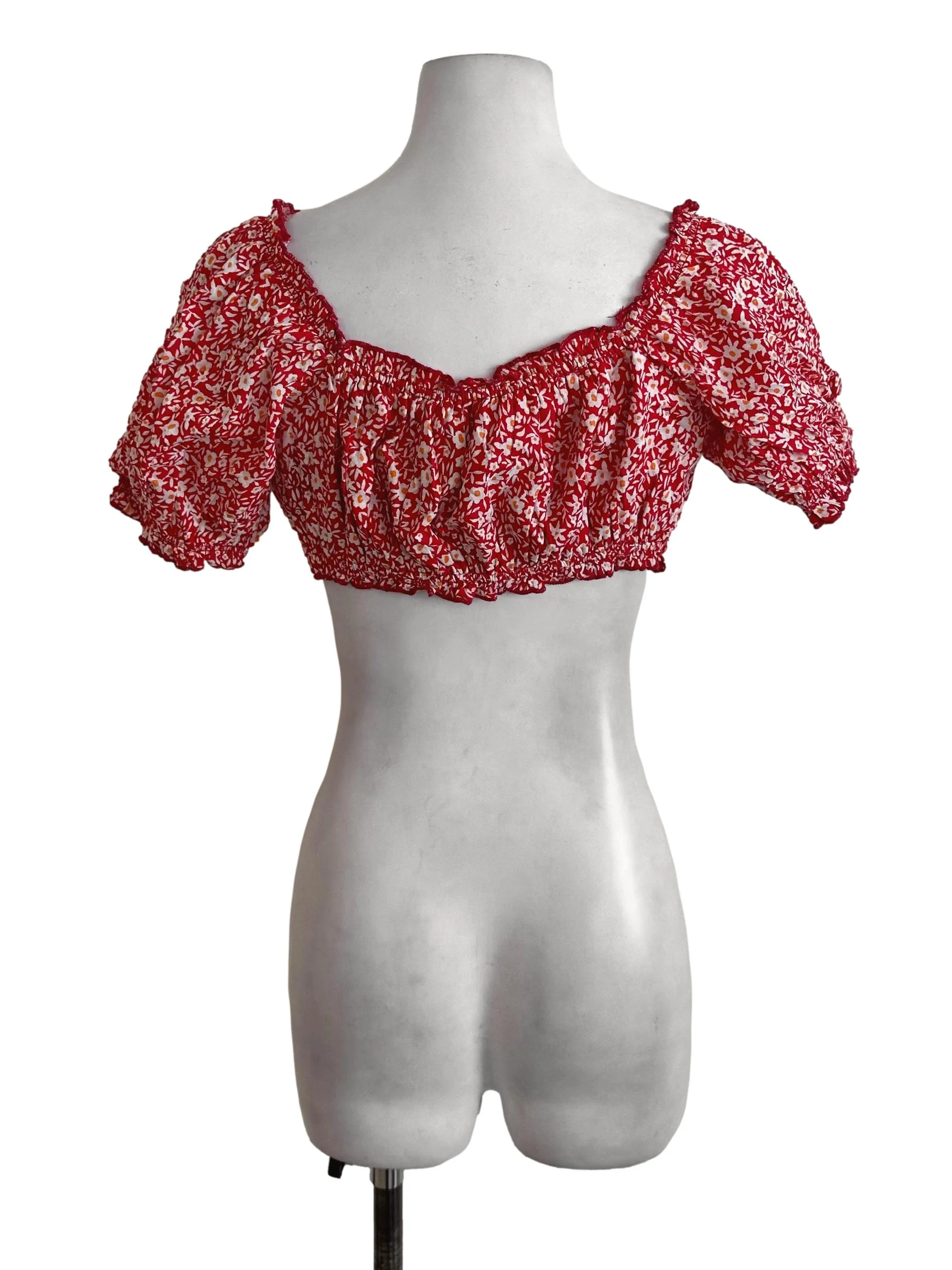 Ruby Red Floral Cropped Puffed Top - Image 2