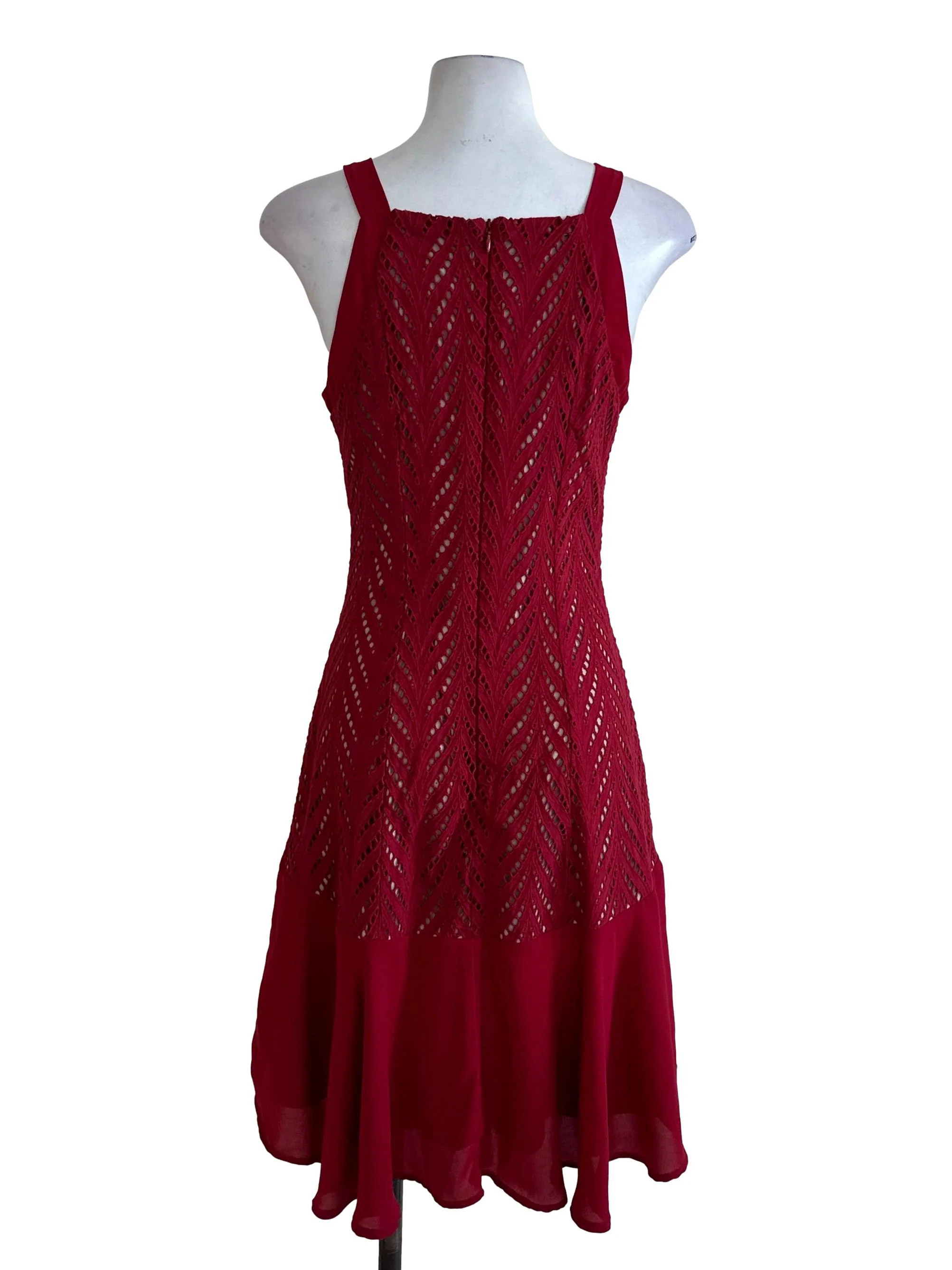 Ruby Red Lace Textured Square Neck Dress - Image 2