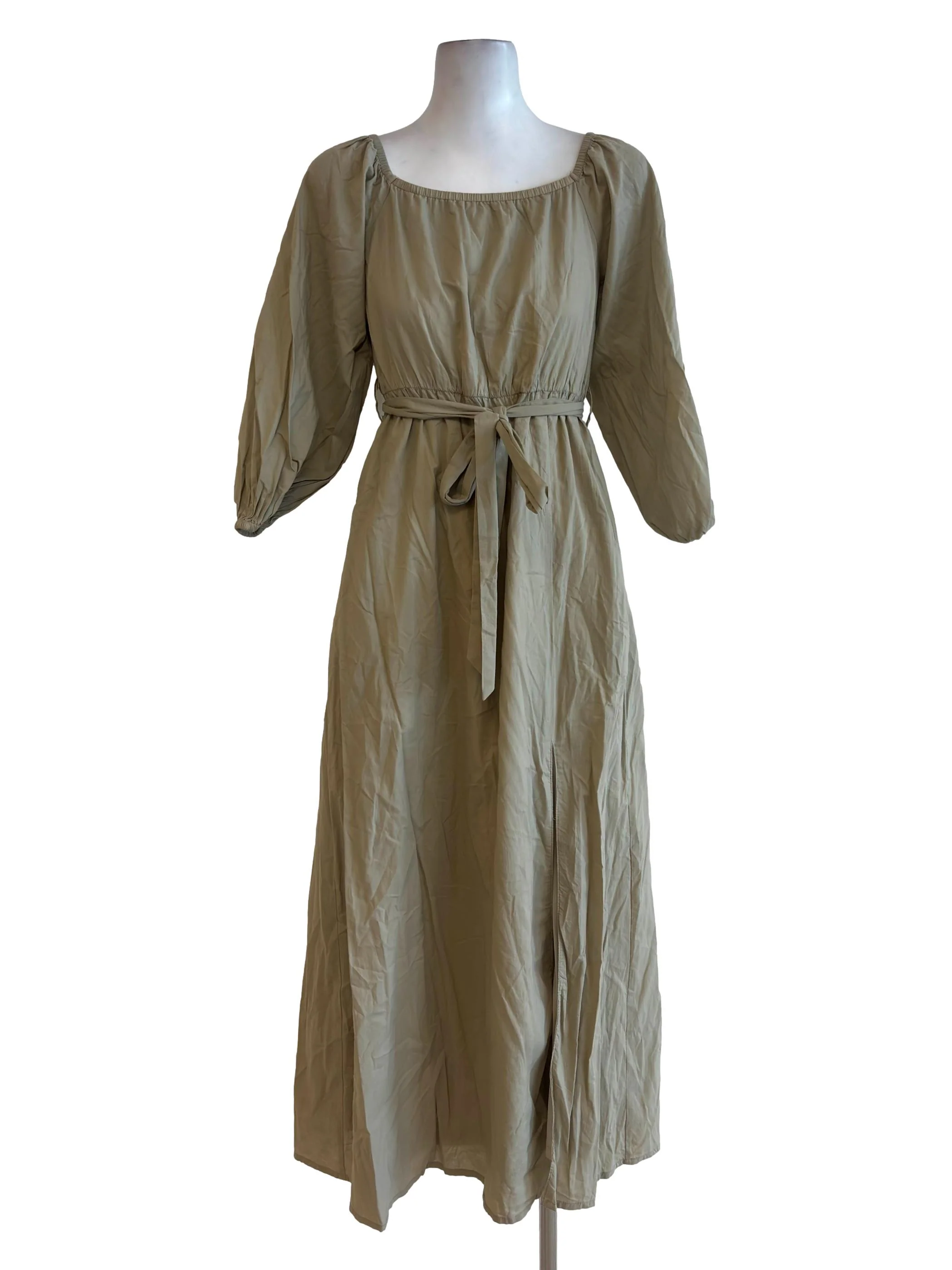 Sage Green Elastic Neckline Slit Dress