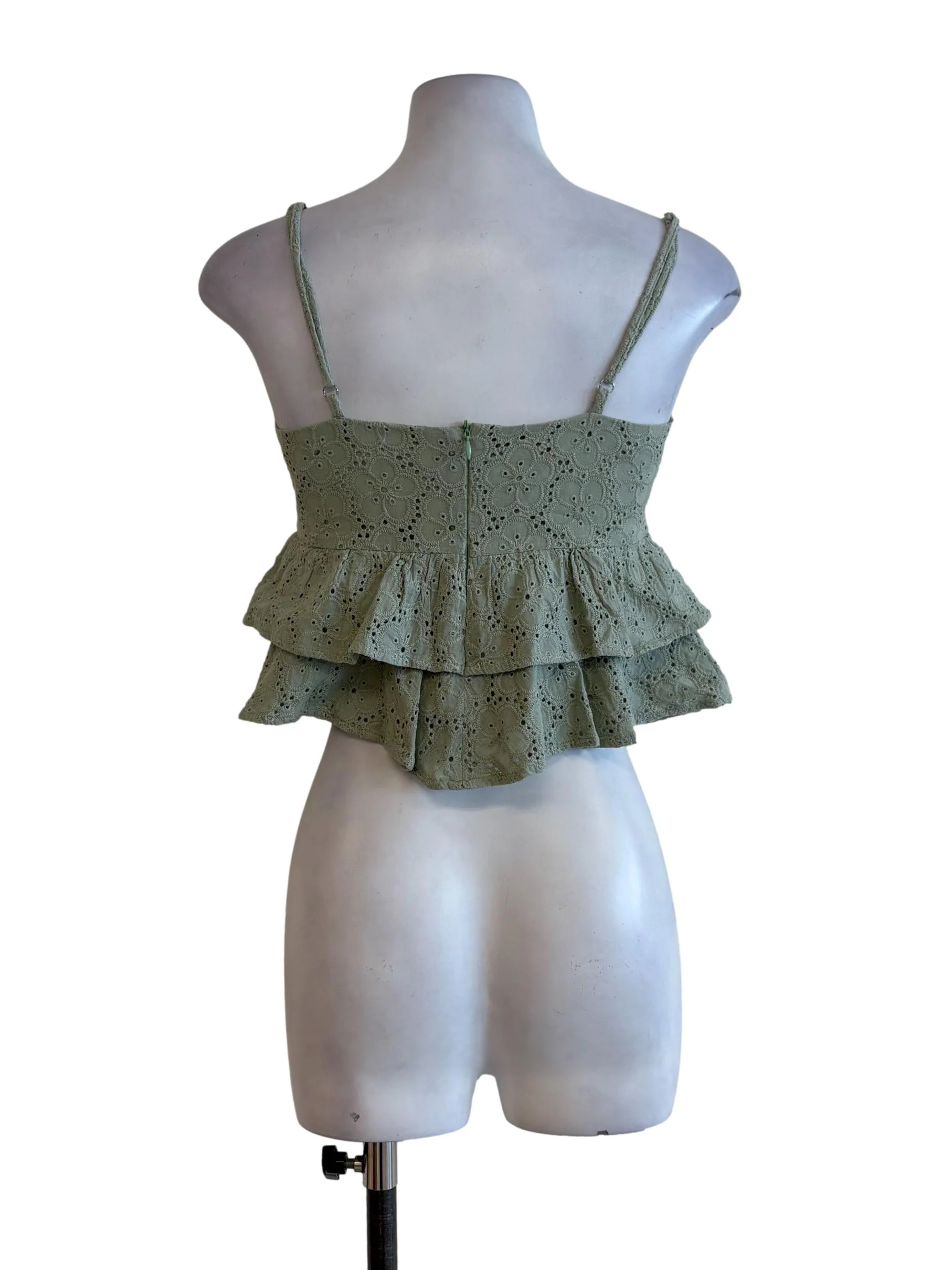 Sage Green Floral Eyelet Layered Peplum Top - Image 2
