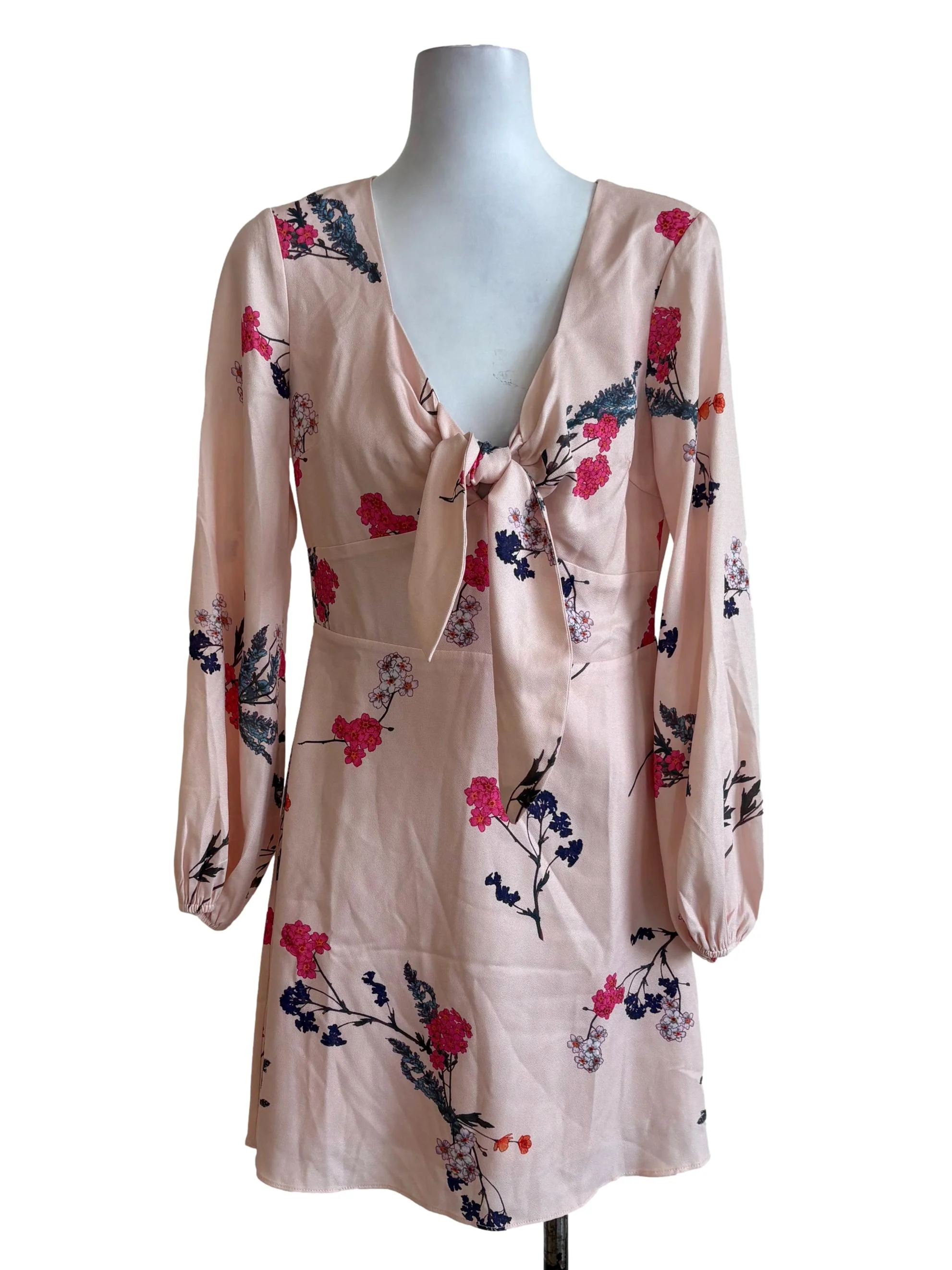 Salmon Pink Floral Front Knot A-Line Dress