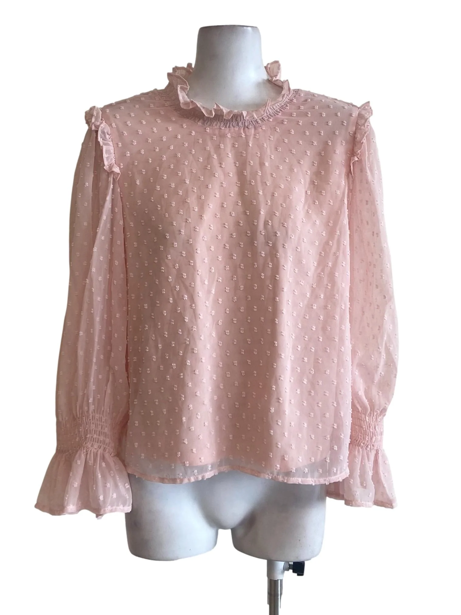 Salmon Pino & Dot Ruffled Neck Blouse