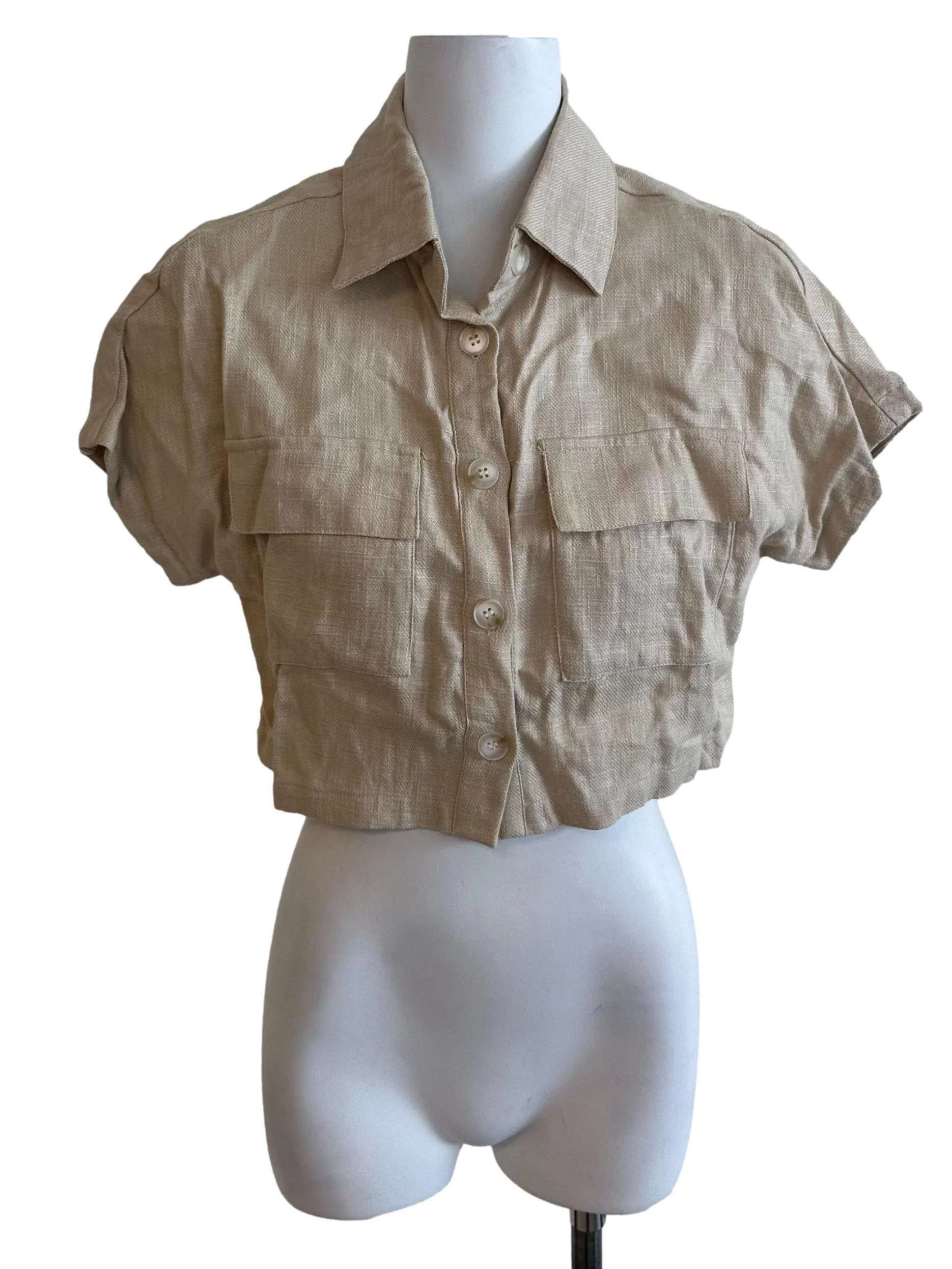 Sand Beige Collar Linen Button Top
