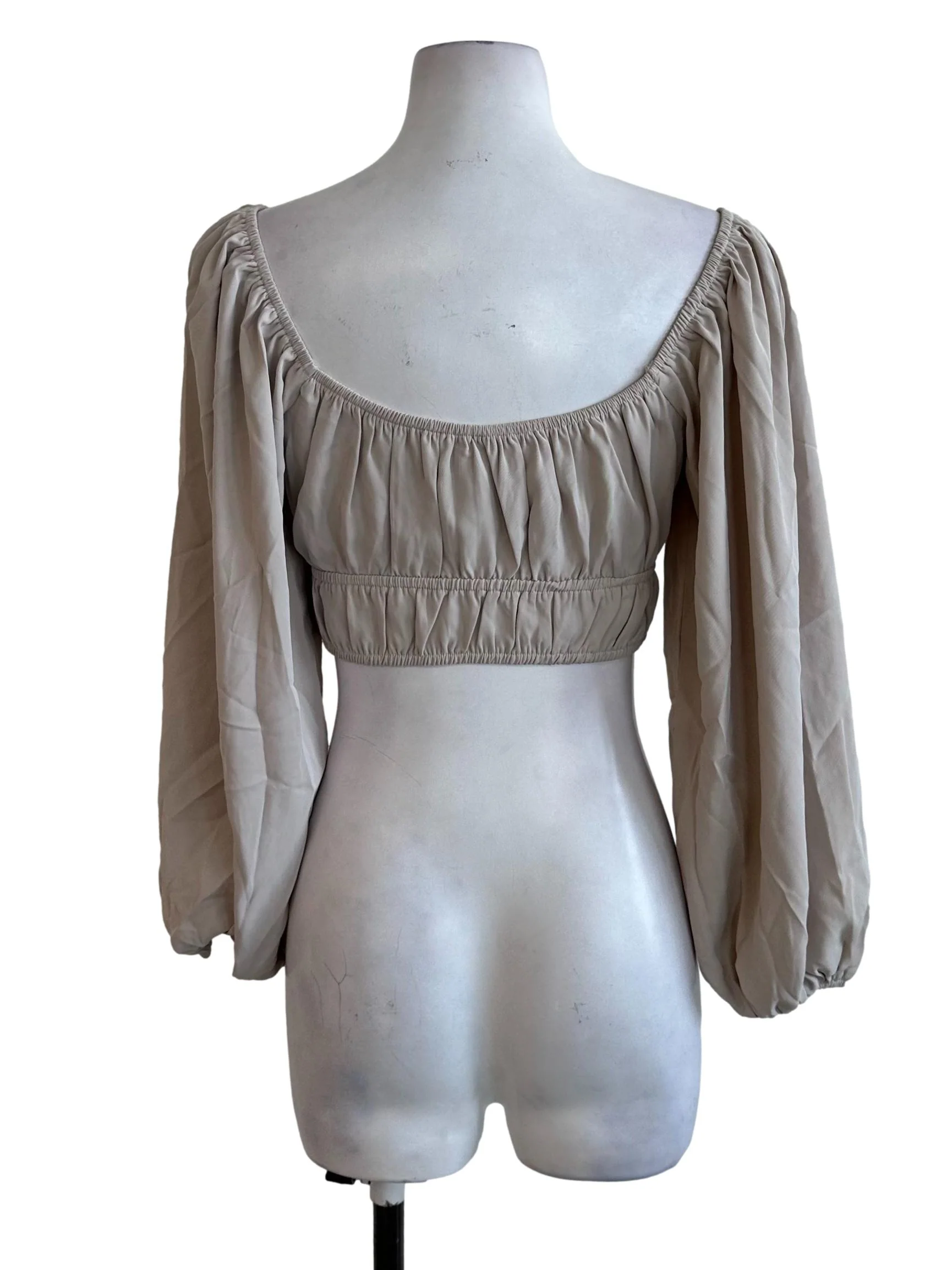 Sand Beige Ruched Long Sleeve Crop Top - Image 2