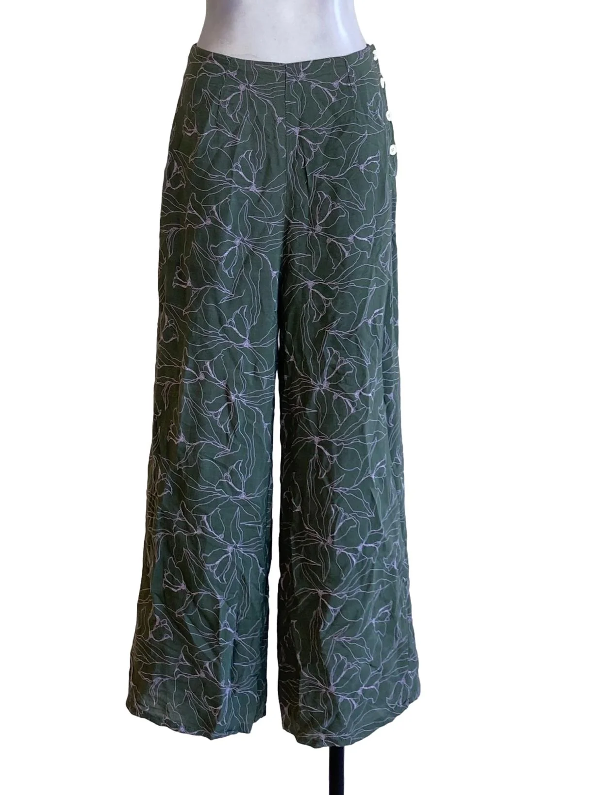 Seaweed Green Printed Buttoned Down Loose Pants