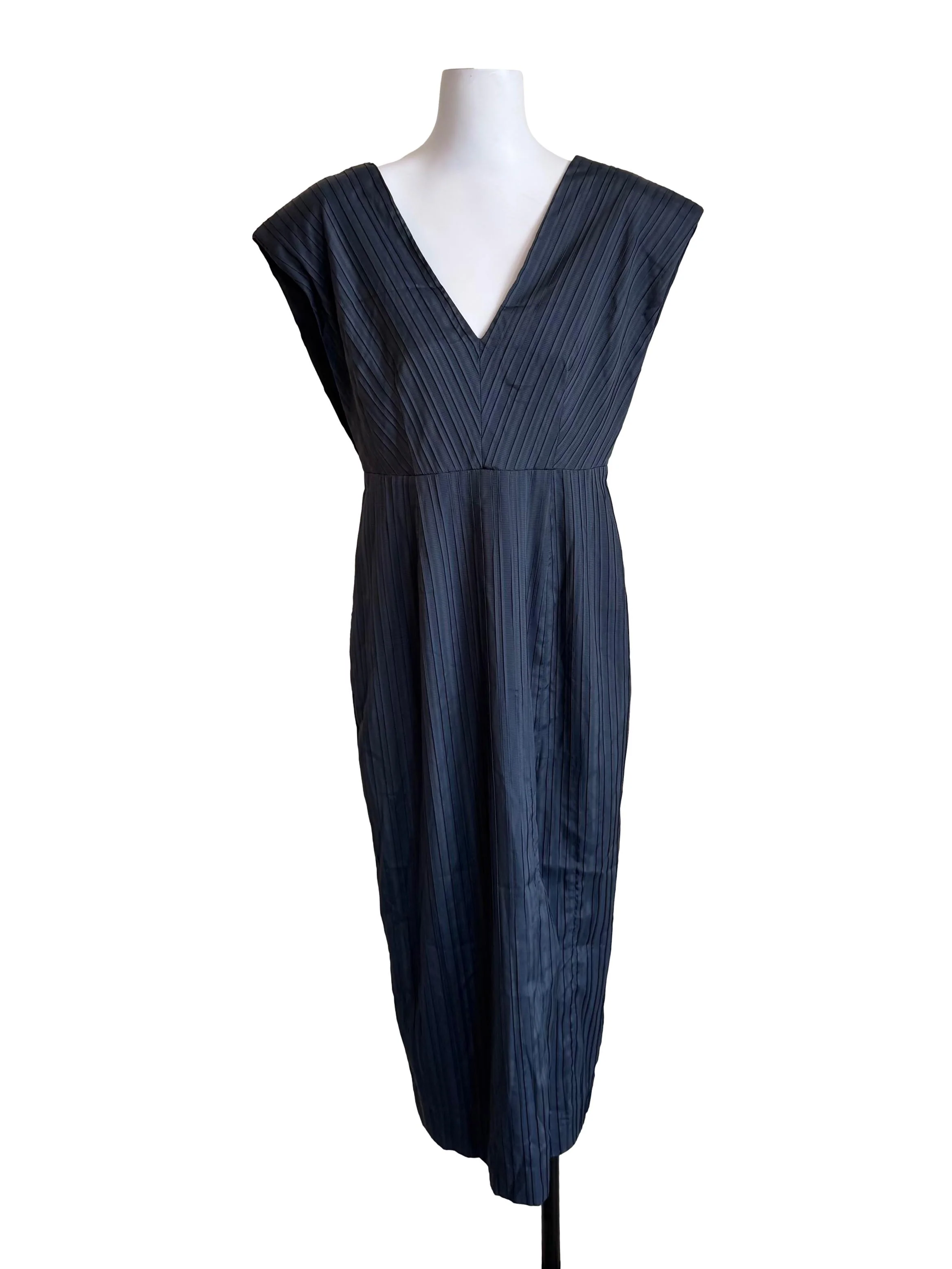 Shadow Grey Pleated V Neck Dress