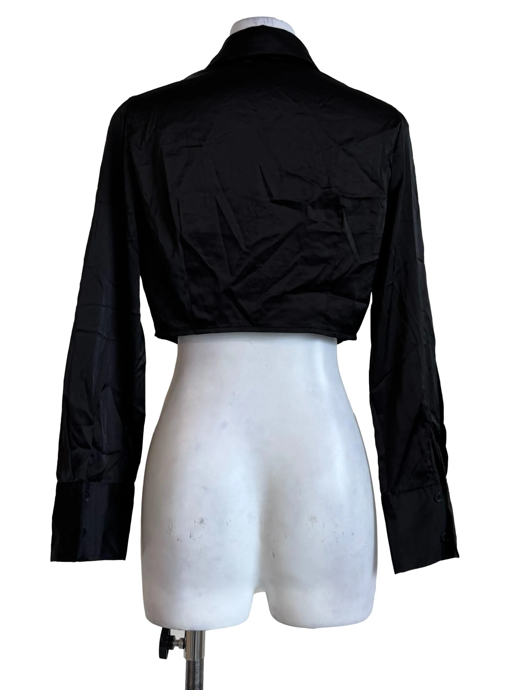 Shiny Black Ribbed Crop Blouse - Image 2