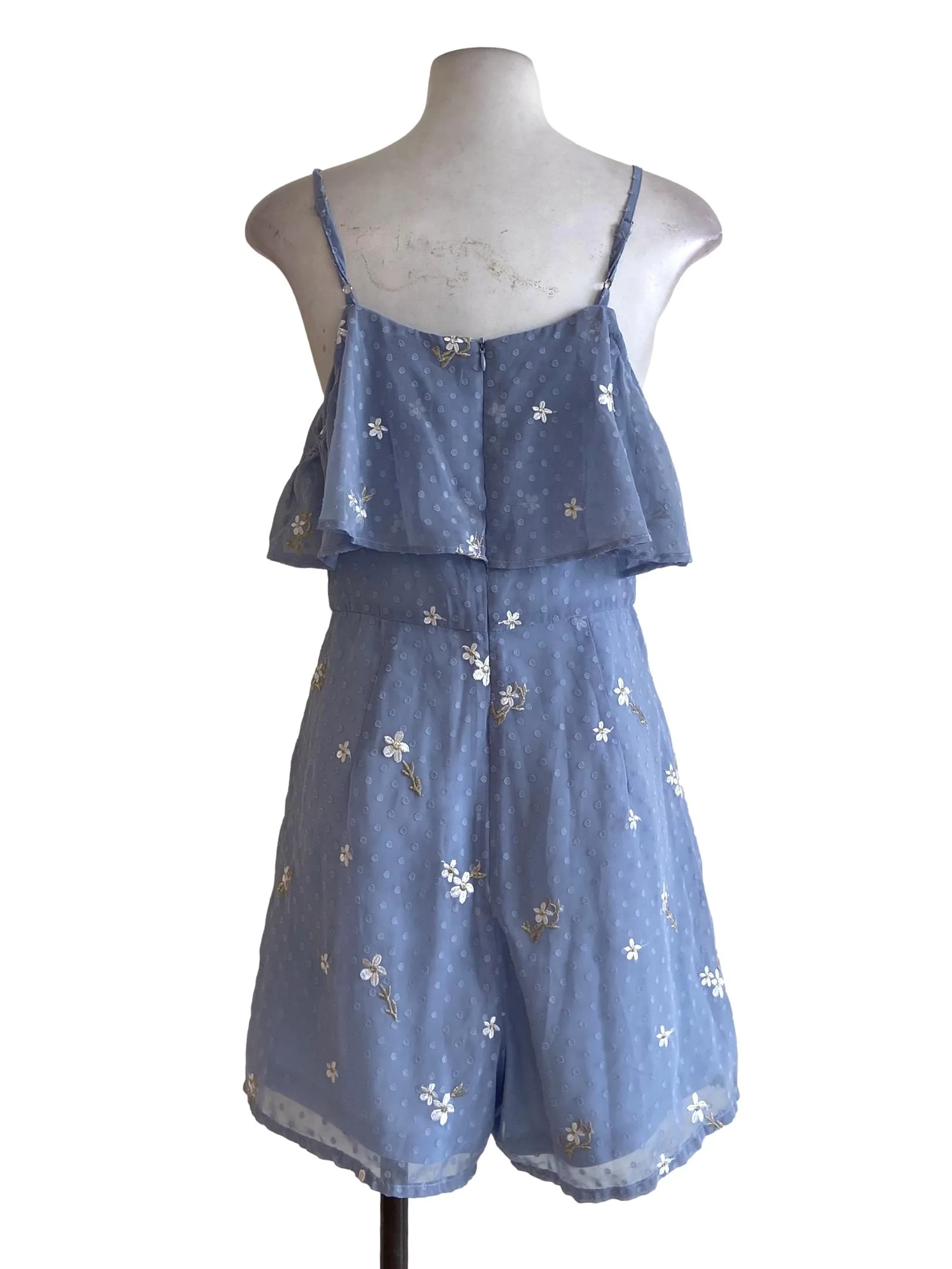 Sky Blue Dot & Floral Spaghetti Strap Rompers - Image 2